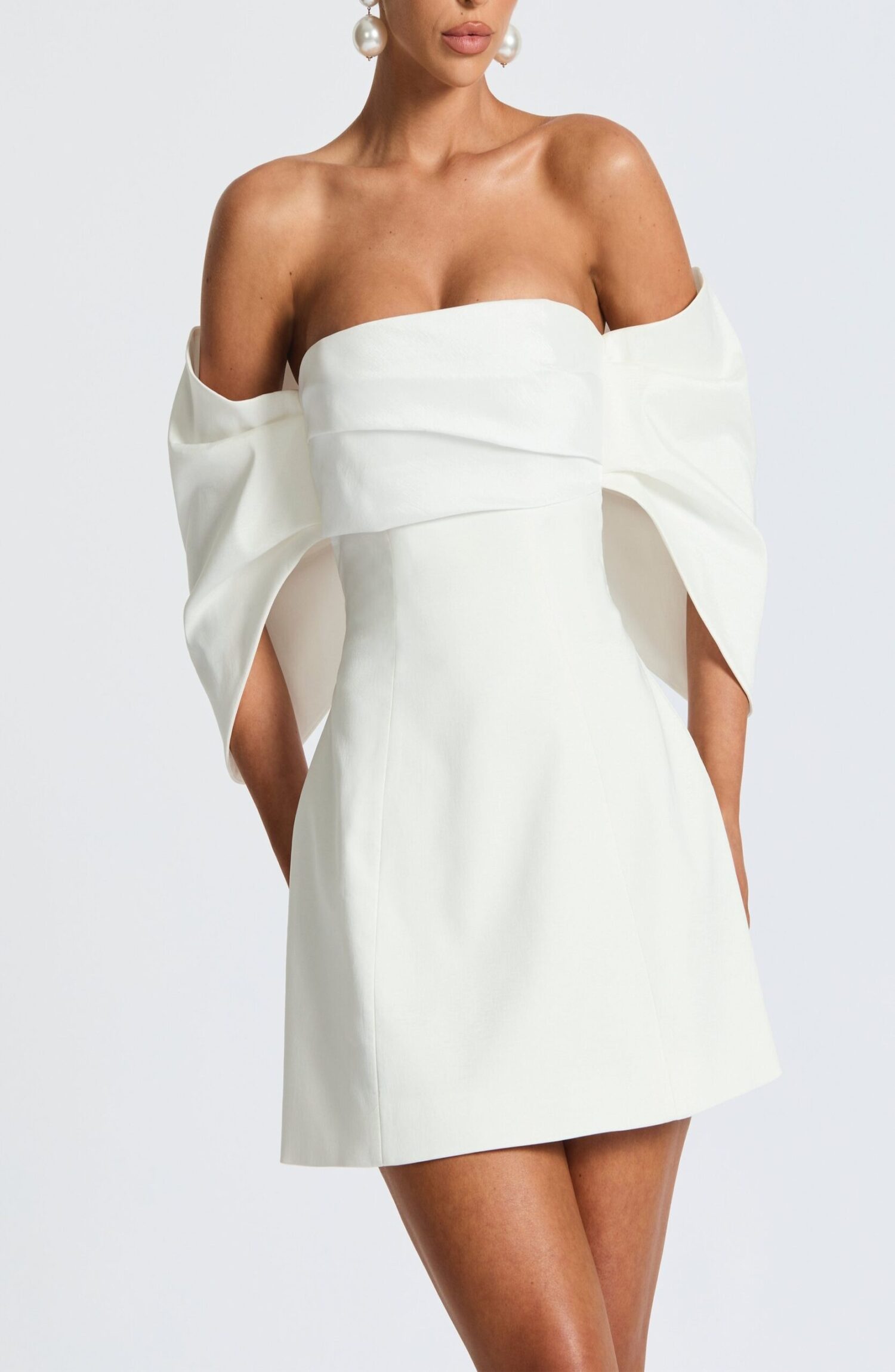 Briella Ivory Mini Dress Bardot Neckline Taffeta A-Line - Image 5