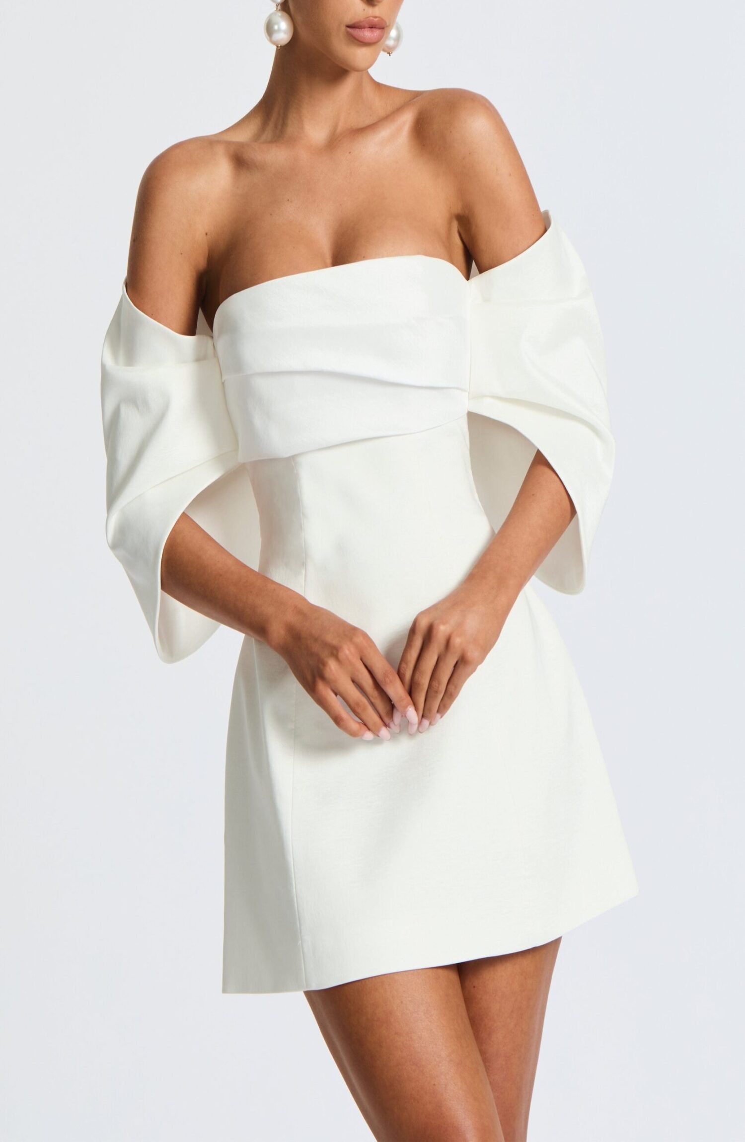 Briella Ivory Mini Dress Bardot Neckline Taffeta A-Line - Image 9