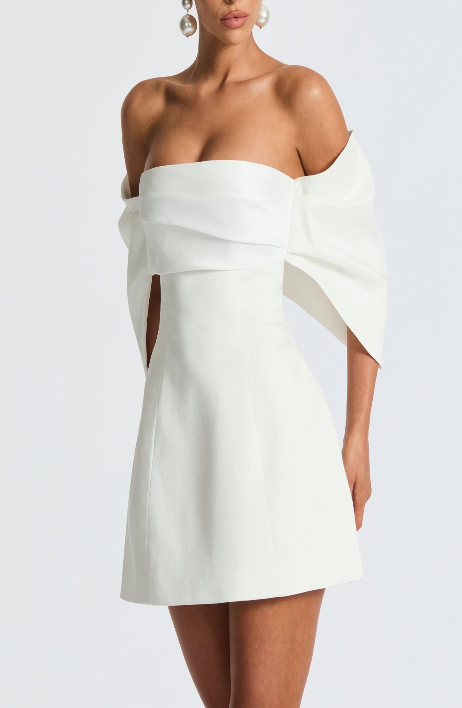 Briella Ivory Mini Dress Bardot Neckline Taffeta A-Line - Image 6