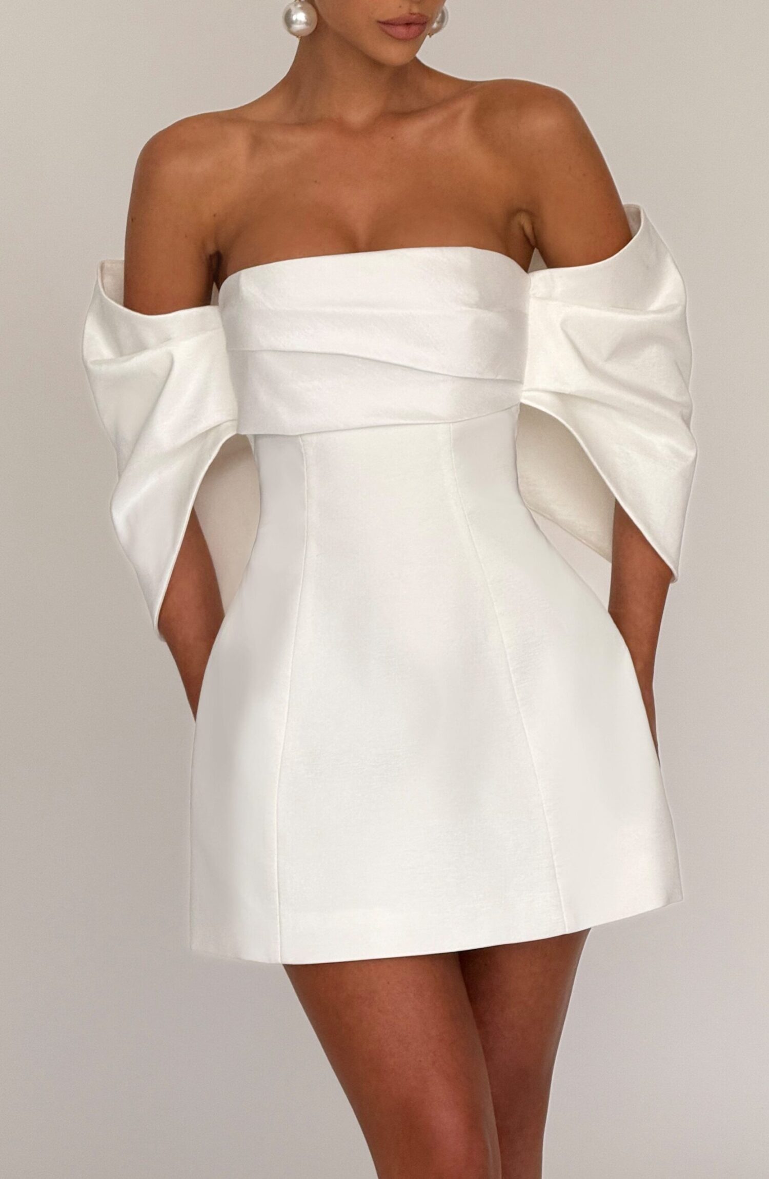 Briella Ivory Mini Dress Bardot Neckline Taffeta A-Line - Image 2