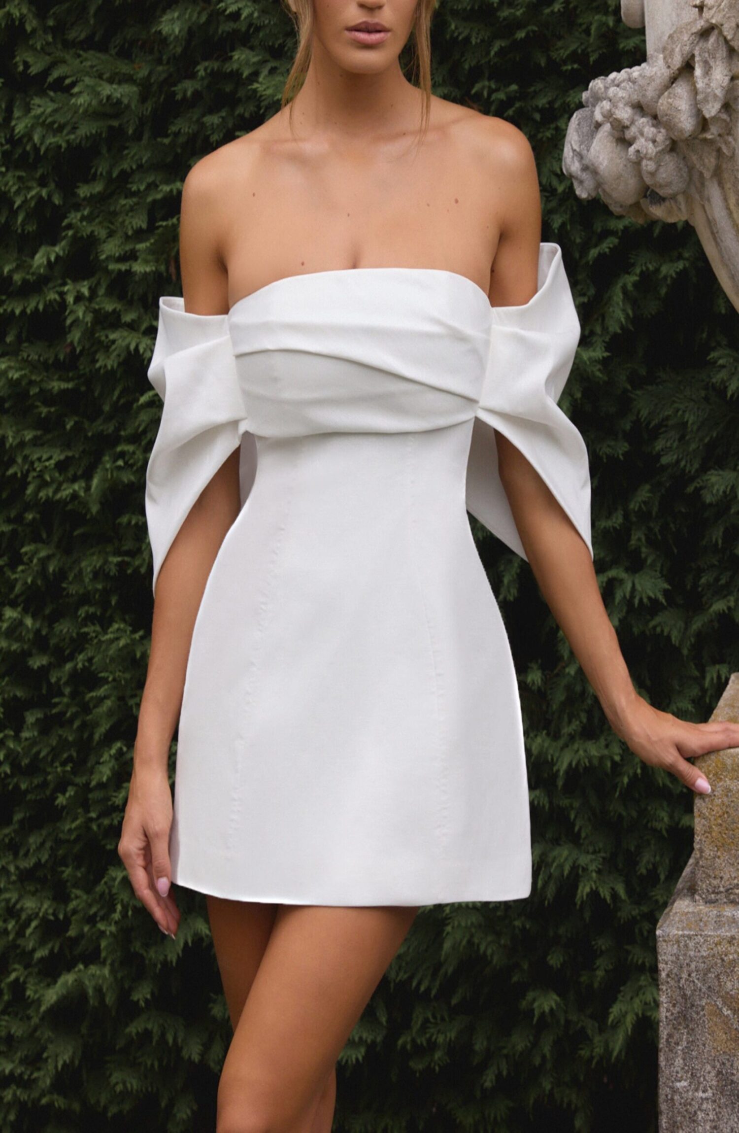 Briella Ivory Mini Dress Bardot Neckline Taffeta A-Line