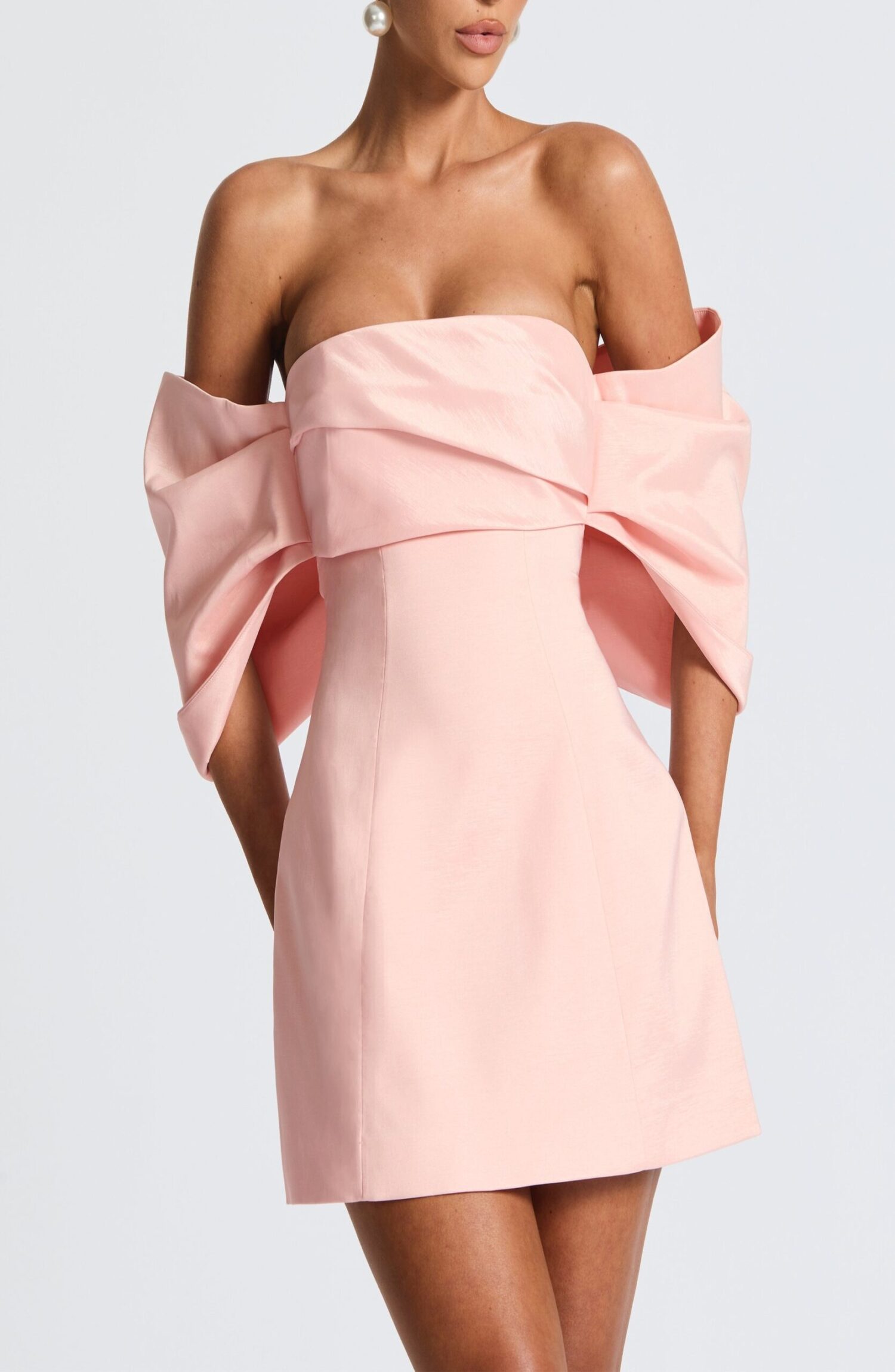 Briella Mini Dress Blush Bardot Taffeta A-Line Pleated Sleeves