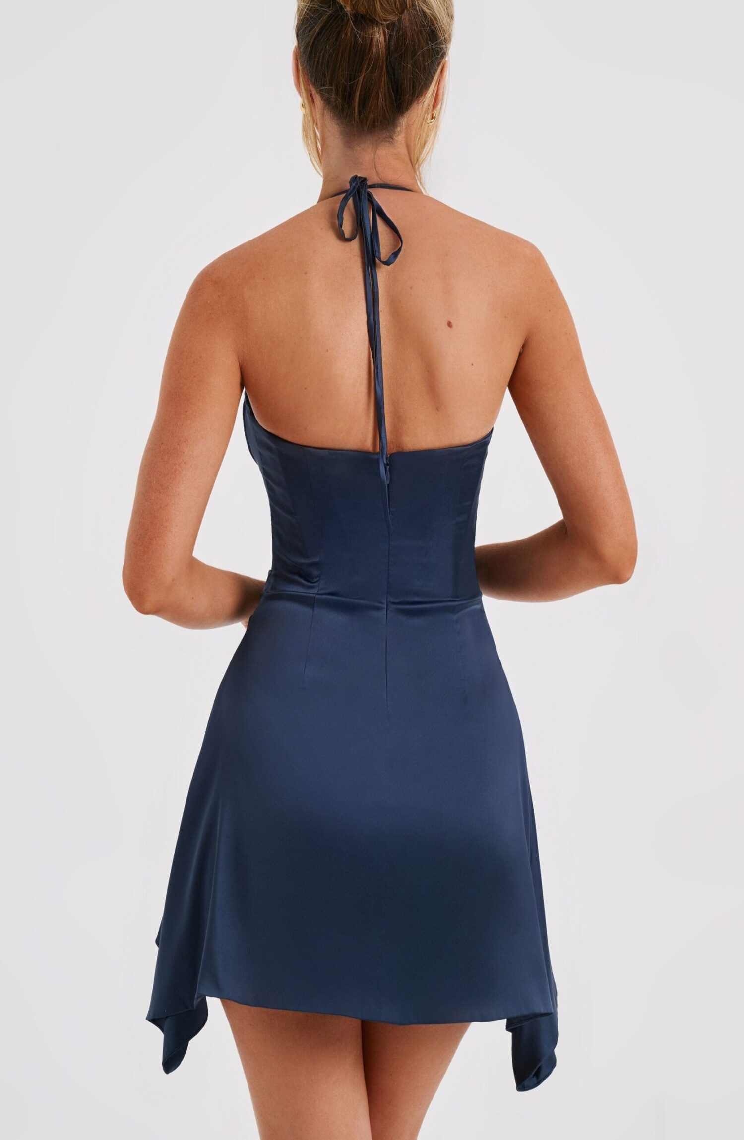 Cartia Navy Mini Dress - Stretch Satin Halterneck Corset Flippy Skirt - Image 4