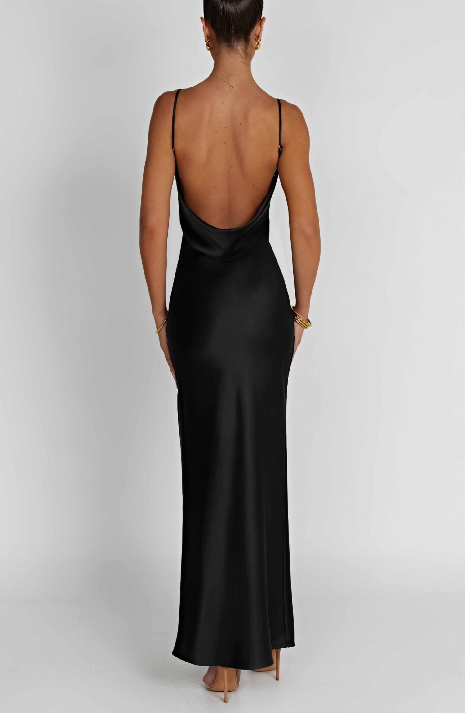 Celestina Black Maxi Dress - Cowl Neck, Satin, Thigh Split - Image 4