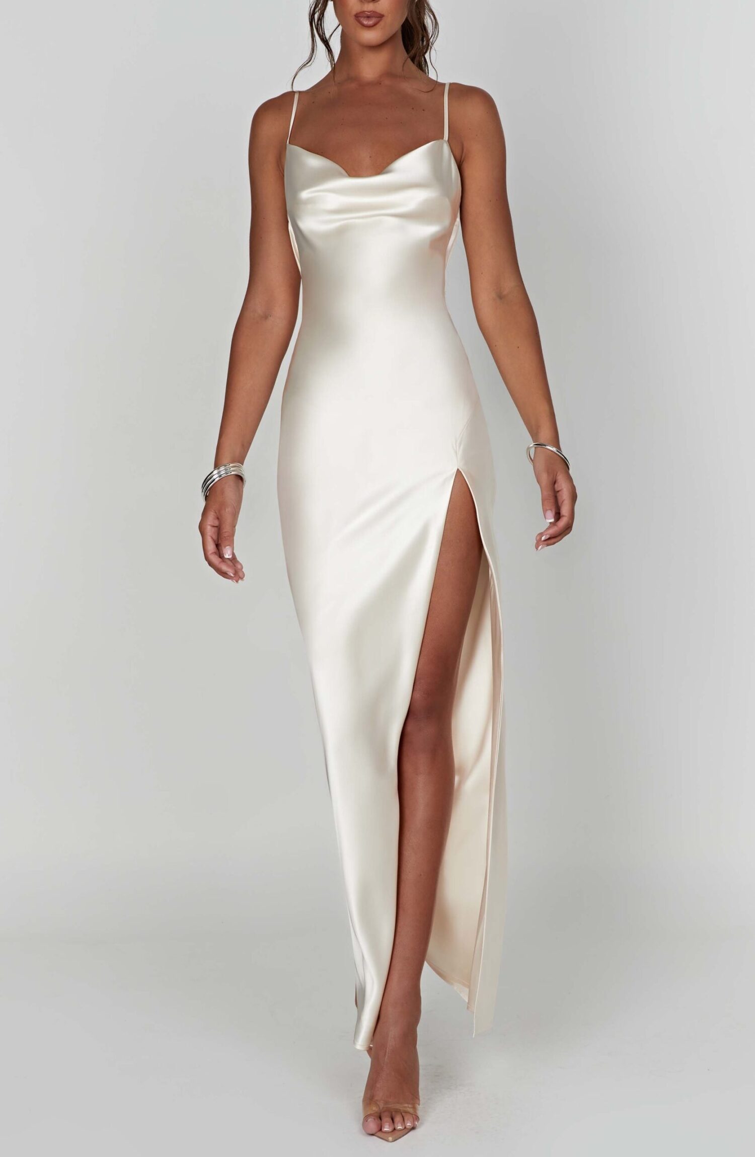 Celestina Ivory Satin Cowl Neck Maxi Dress with Thigh Split - Image 19