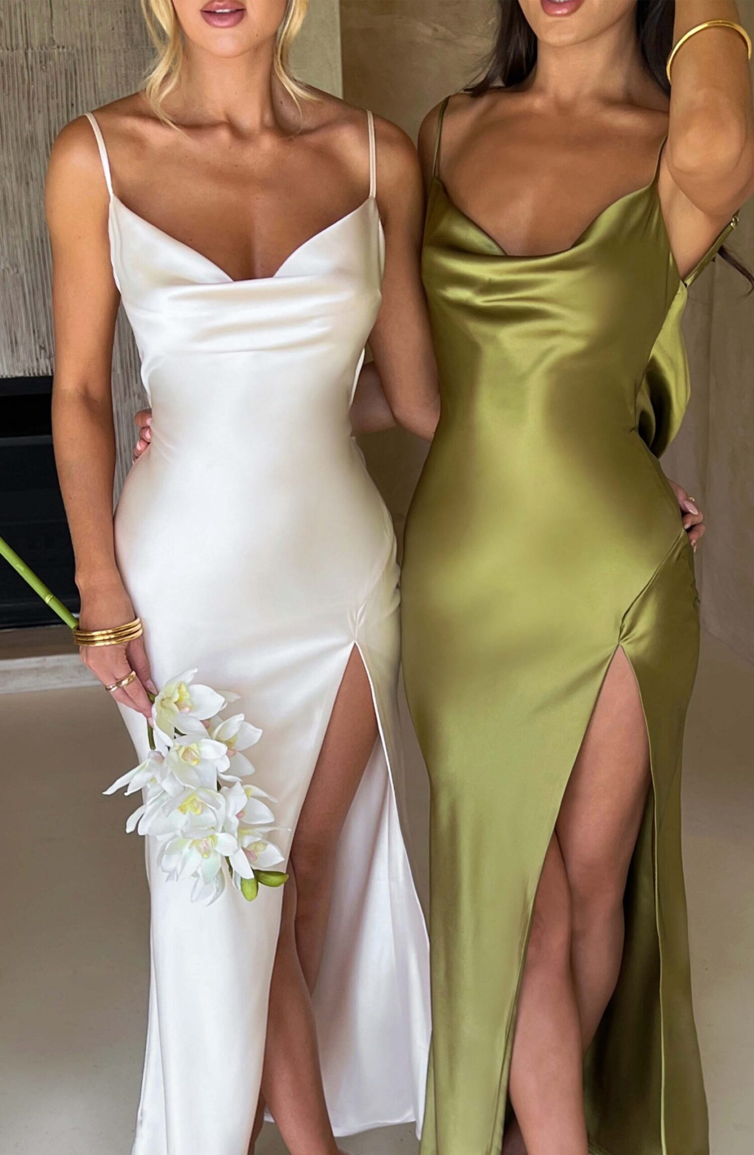 Celestina Khaki Satin Cowl Neck Maxi Dress with Thigh Split - Image 4