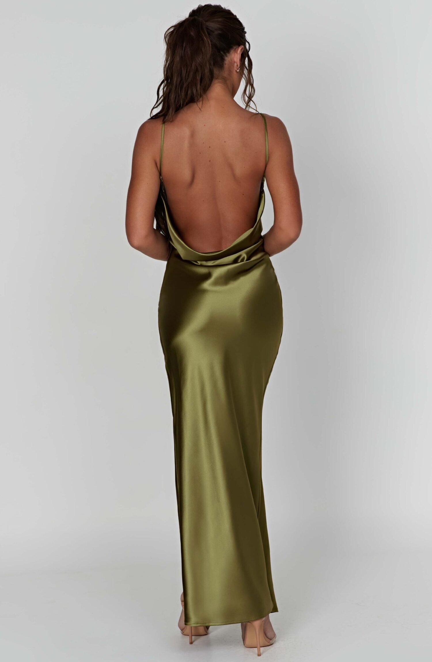 Celestina Khaki Satin Cowl Neck Maxi Dress with Thigh Split - Image 12