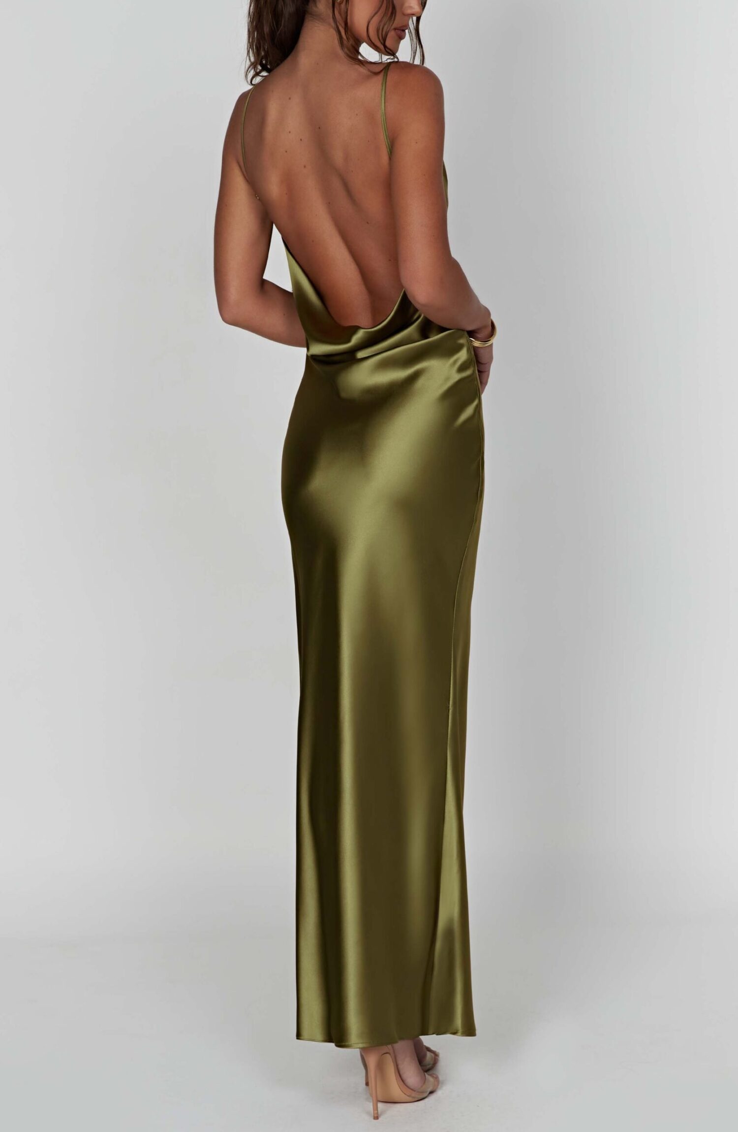 Celestina Khaki Satin Cowl Neck Maxi Dress with Thigh Split - Image 13