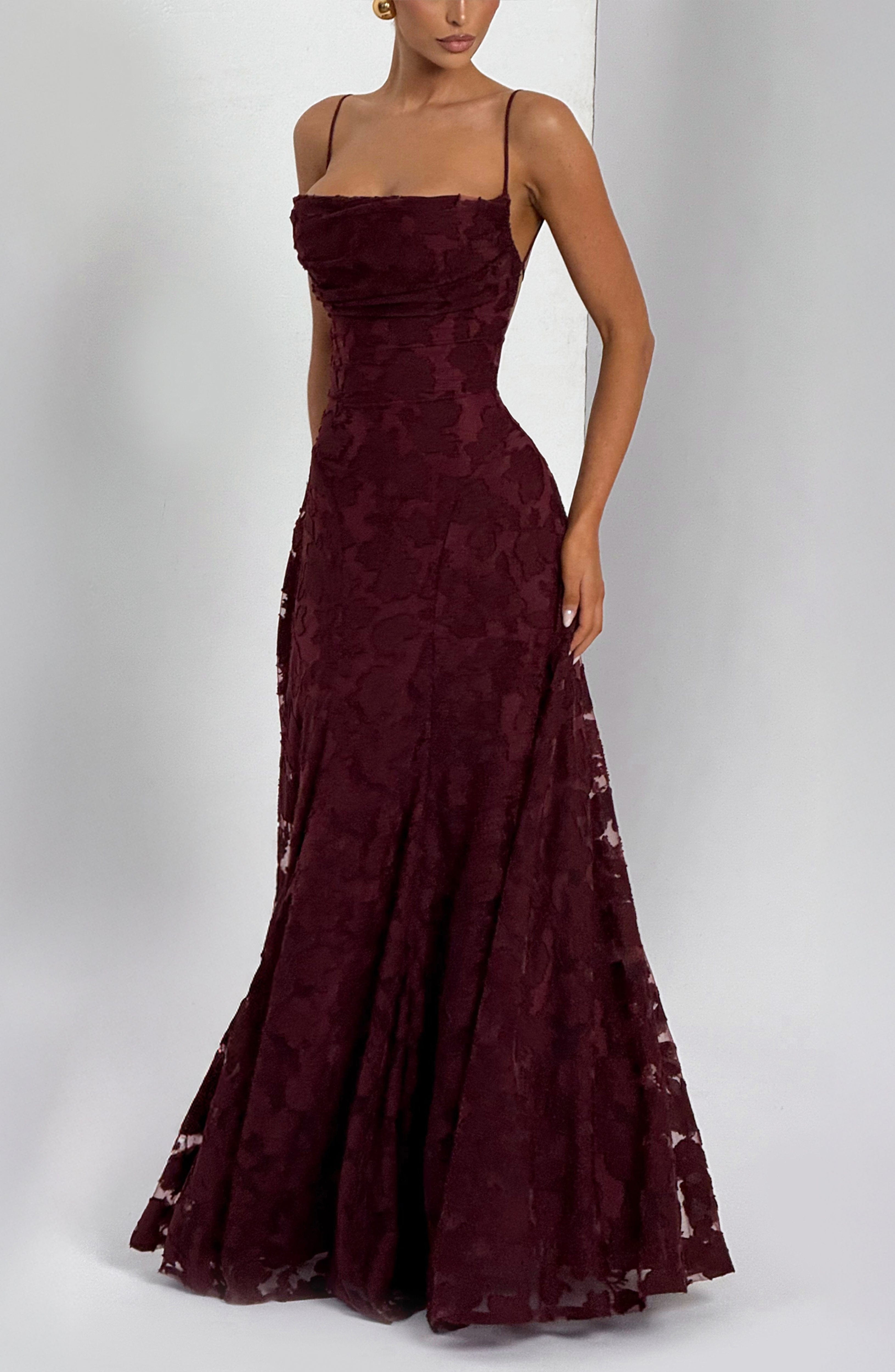 Cherry Lacquer Floral Burnout Maxi Dress with Cowl Neck & Lace-Up Back - Image 5