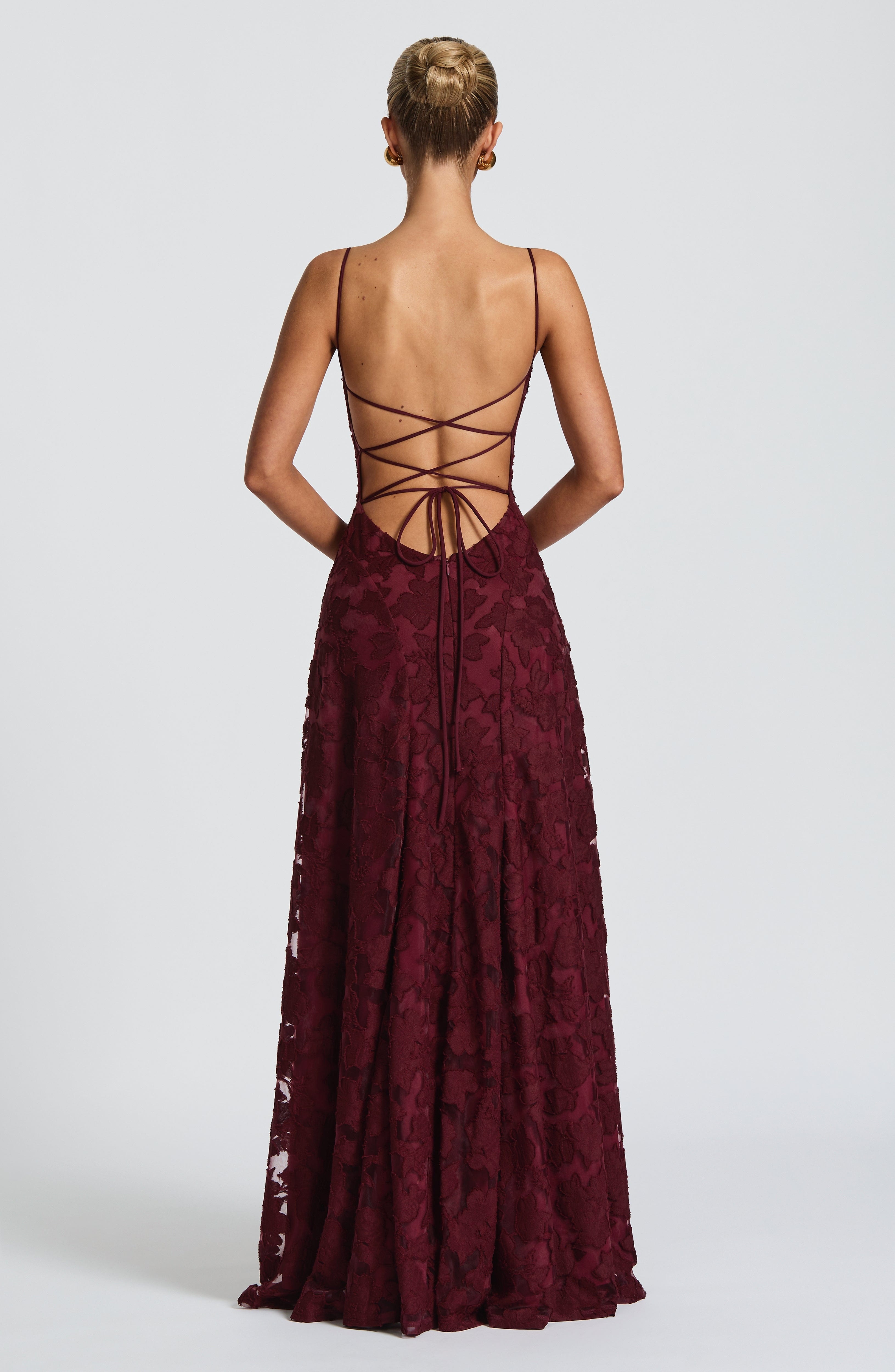 Cherry Lacquer Floral Burnout Maxi Dress with Cowl Neck & Lace-Up Back - Image 4
