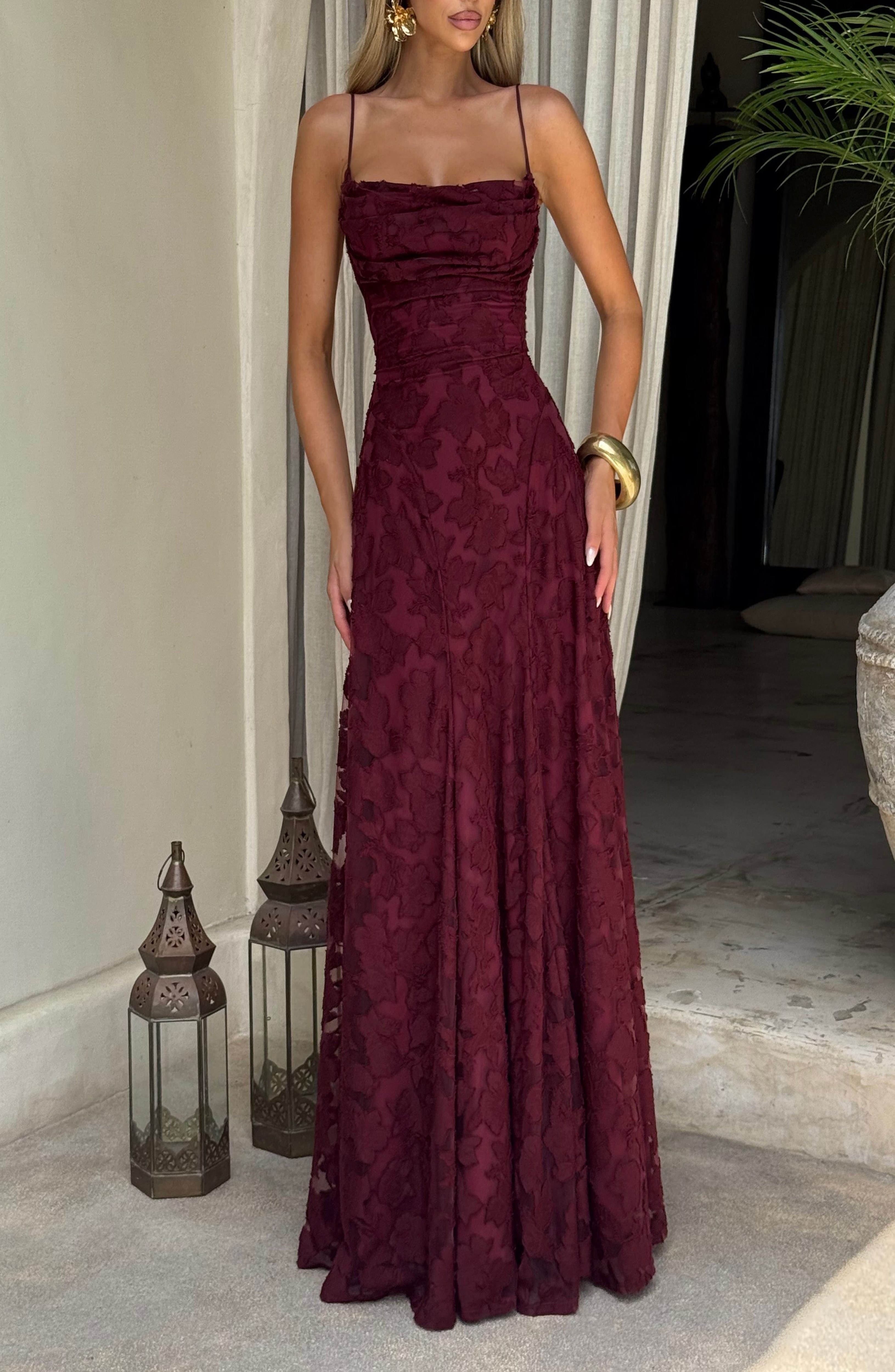 Cherry Lacquer Floral Burnout Maxi Dress with Cowl Neck & Lace-Up Back - Image 3