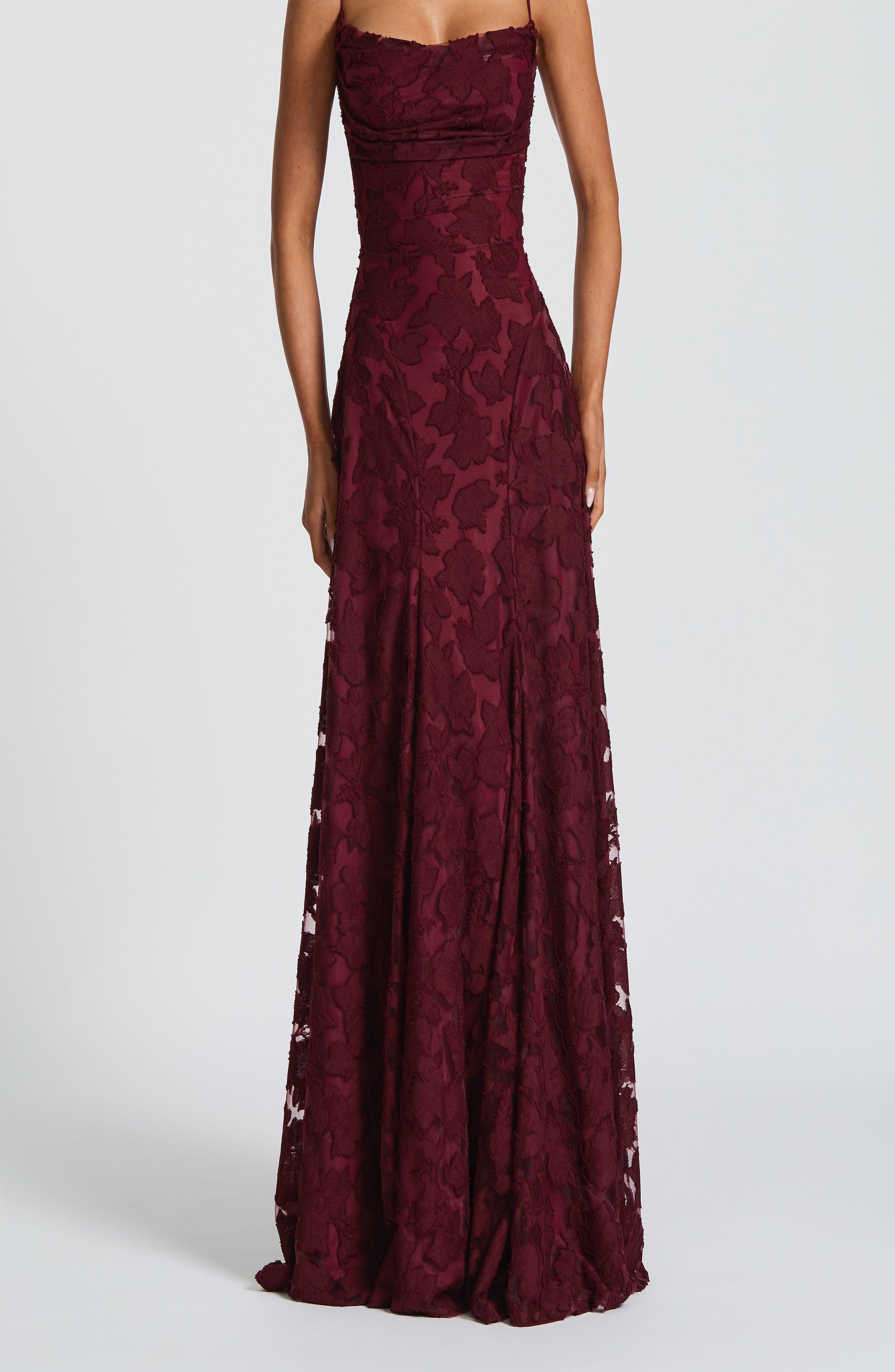 Cherry Lacquer Floral Burnout Maxi Dress with Cowl Neck & Lace-Up Back - Image 8