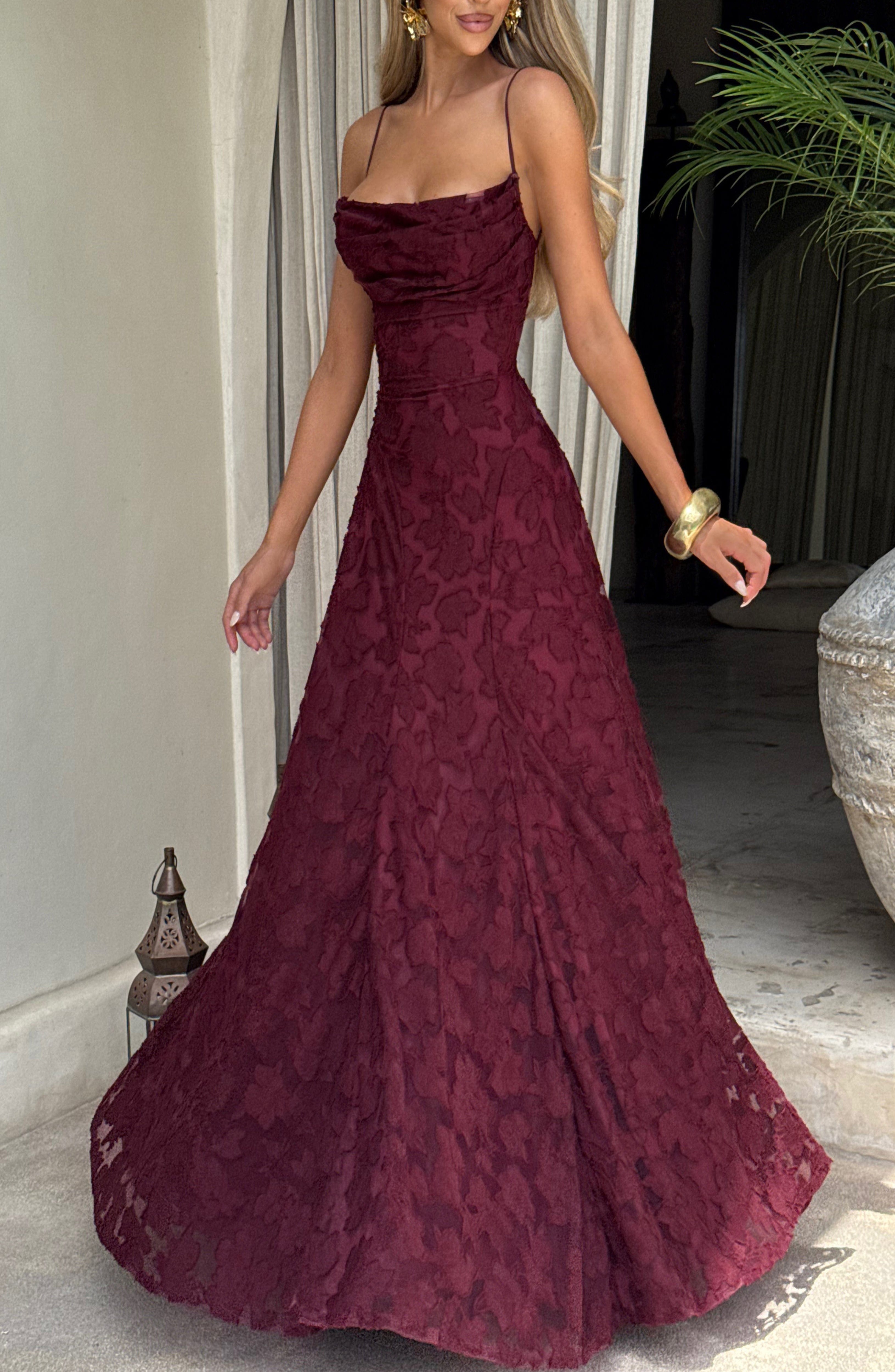 Cherry Lacquer Floral Burnout Maxi Dress with Cowl Neck & Lace-Up Back - Image 2