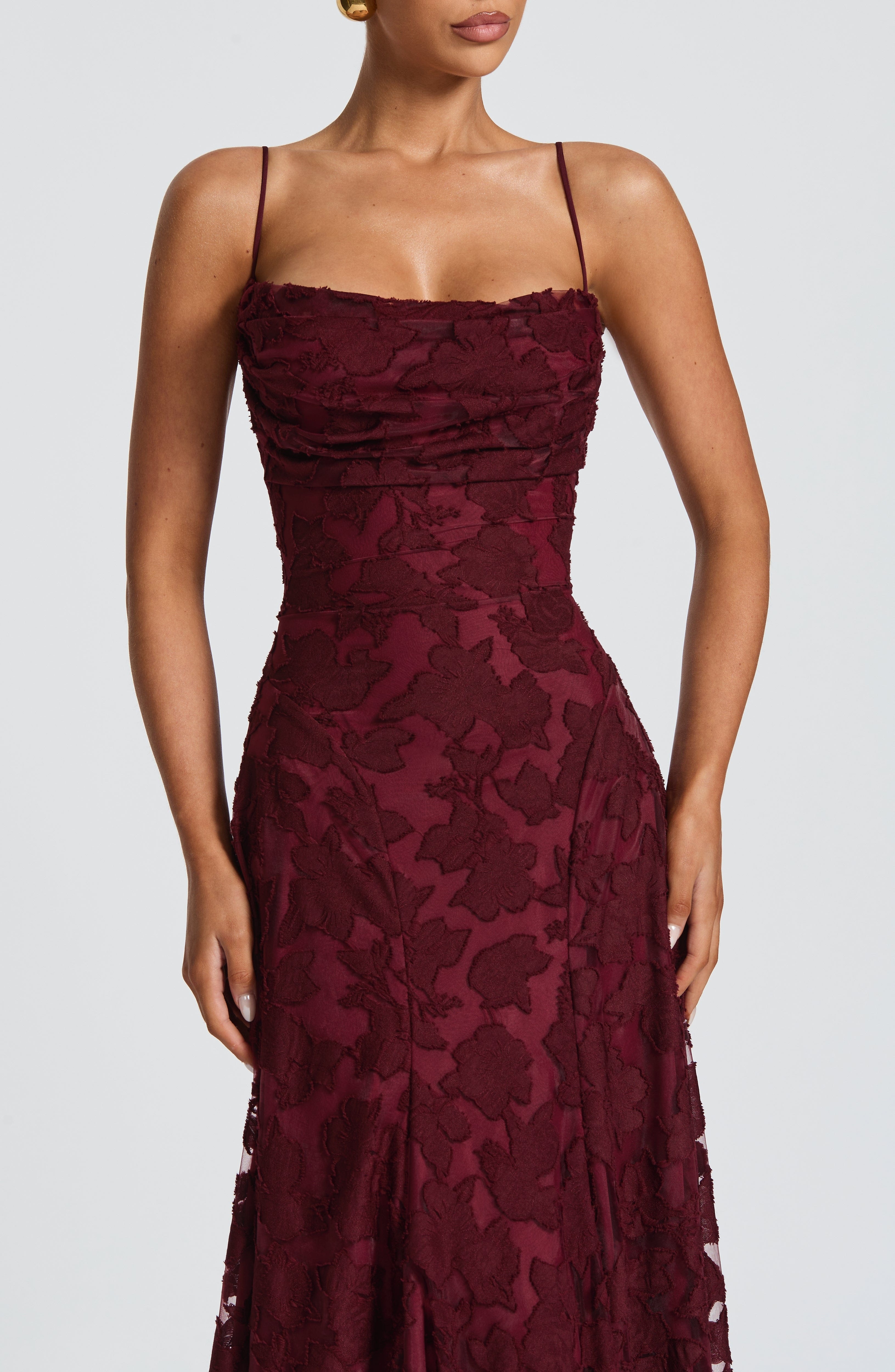 Cherry Lacquer Floral Burnout Maxi Dress with Cowl Neck & Lace-Up Back - Image 6