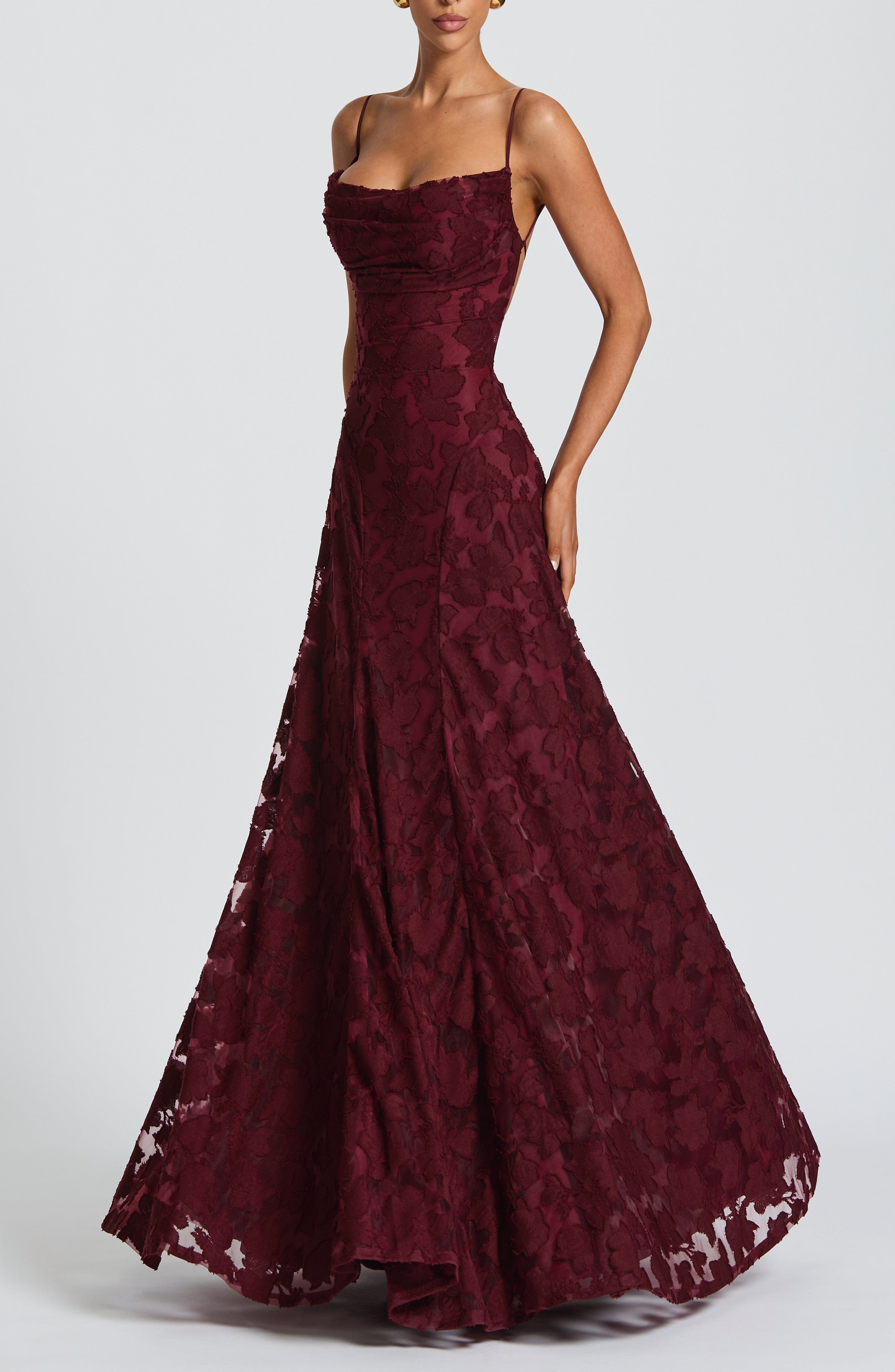 Cherry Lacquer Floral Burnout Maxi Dress with Cowl Neck & Lace-Up Back - Image 9