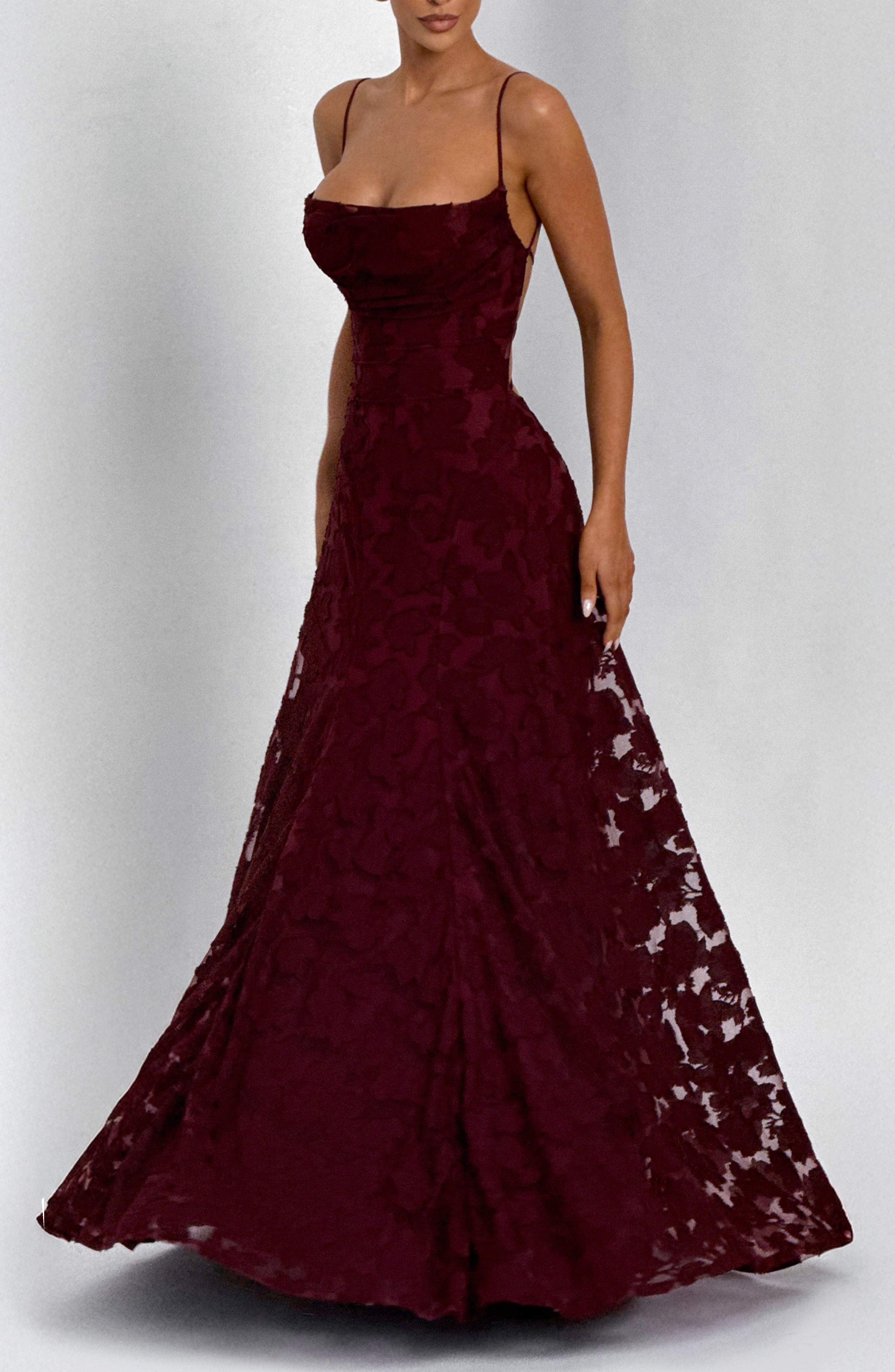 Cherry Lacquer Floral Burnout Maxi Dress with Cowl Neck & Lace-Up Back - Image 10