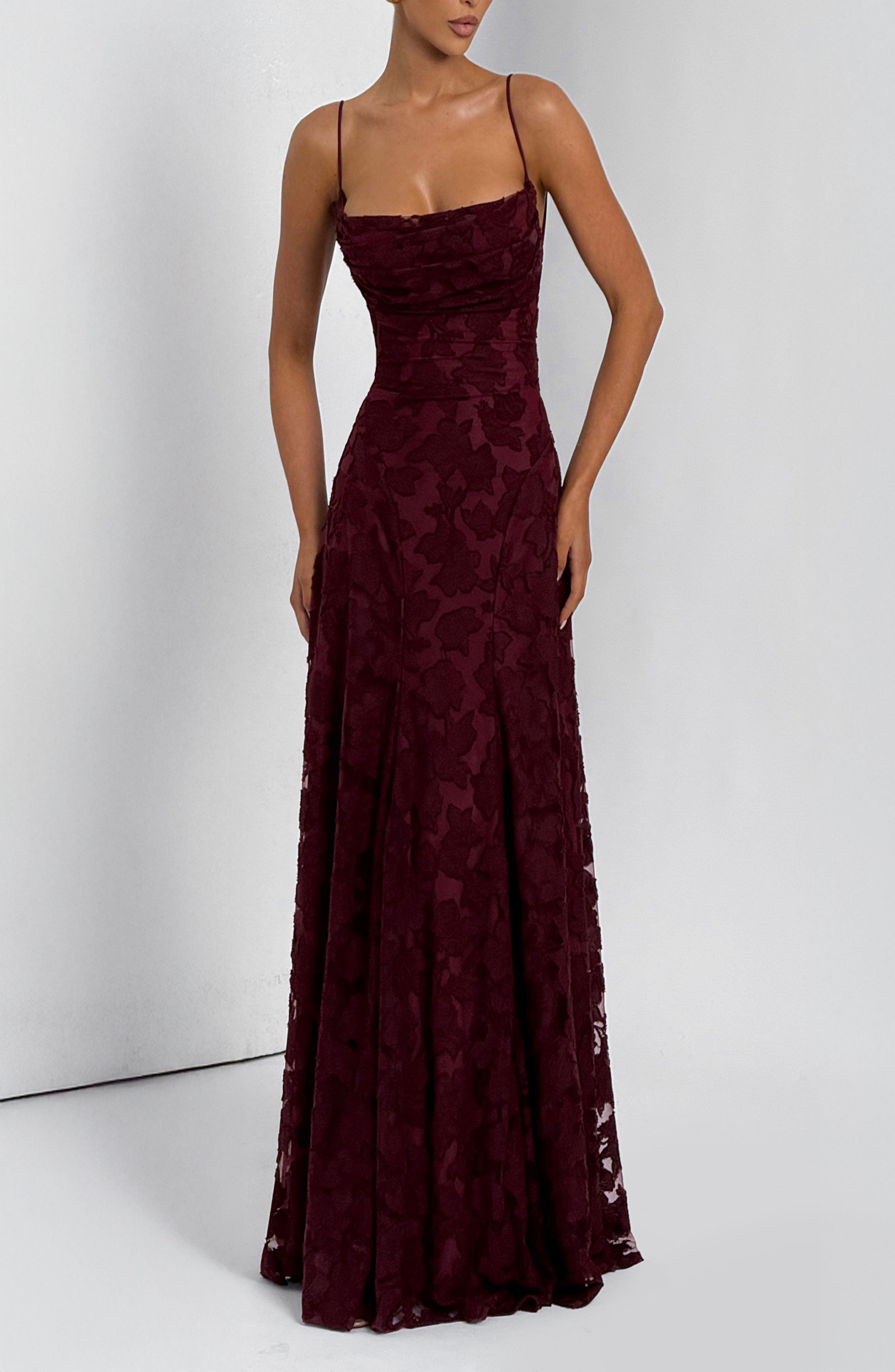 Cherry Lacquer Floral Burnout Maxi Dress with Cowl Neck & Lace-Up Back - Image 7