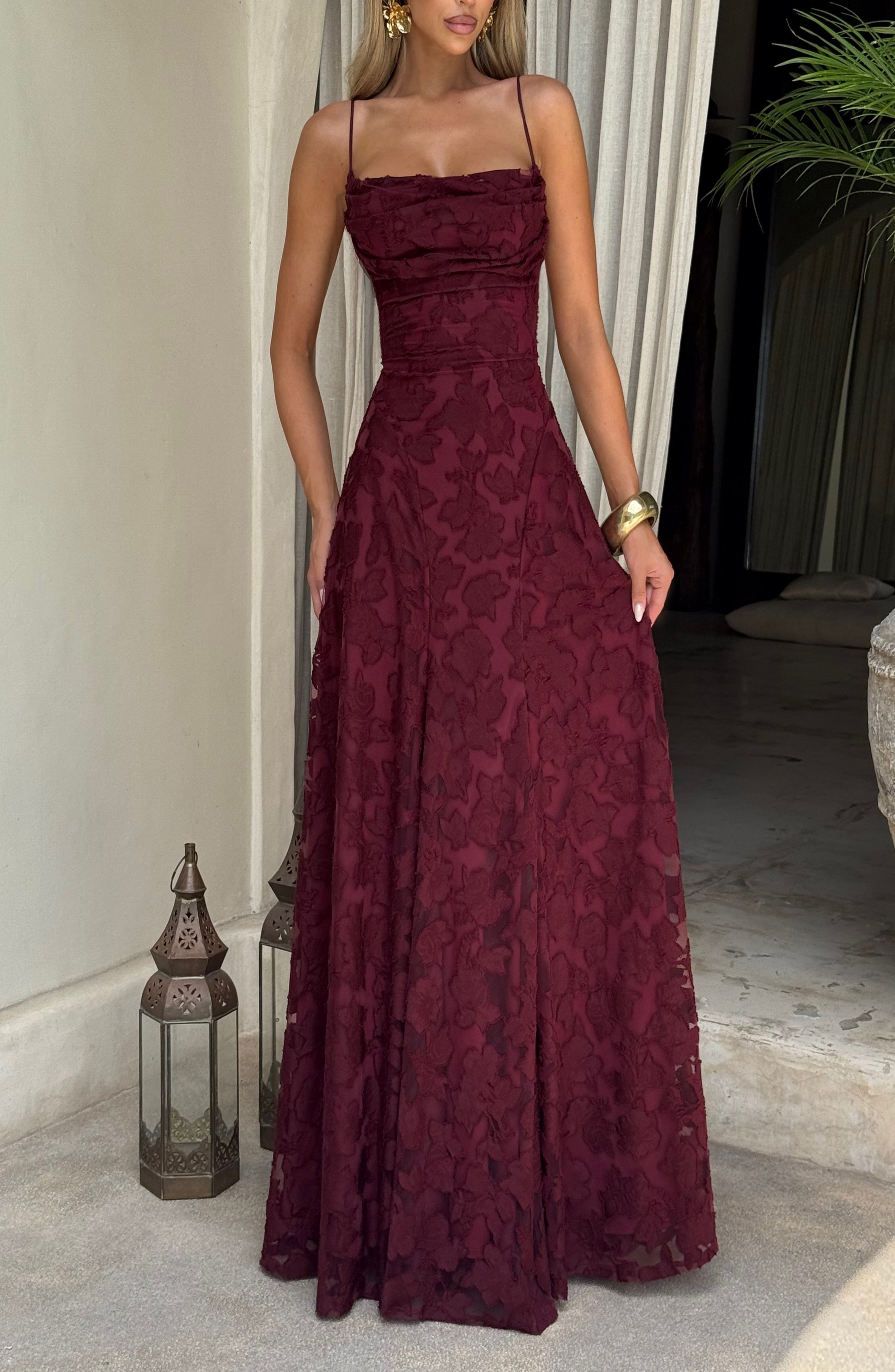 Cherry Lacquer Floral Burnout Maxi Dress with Cowl Neck & Lace-Up Back