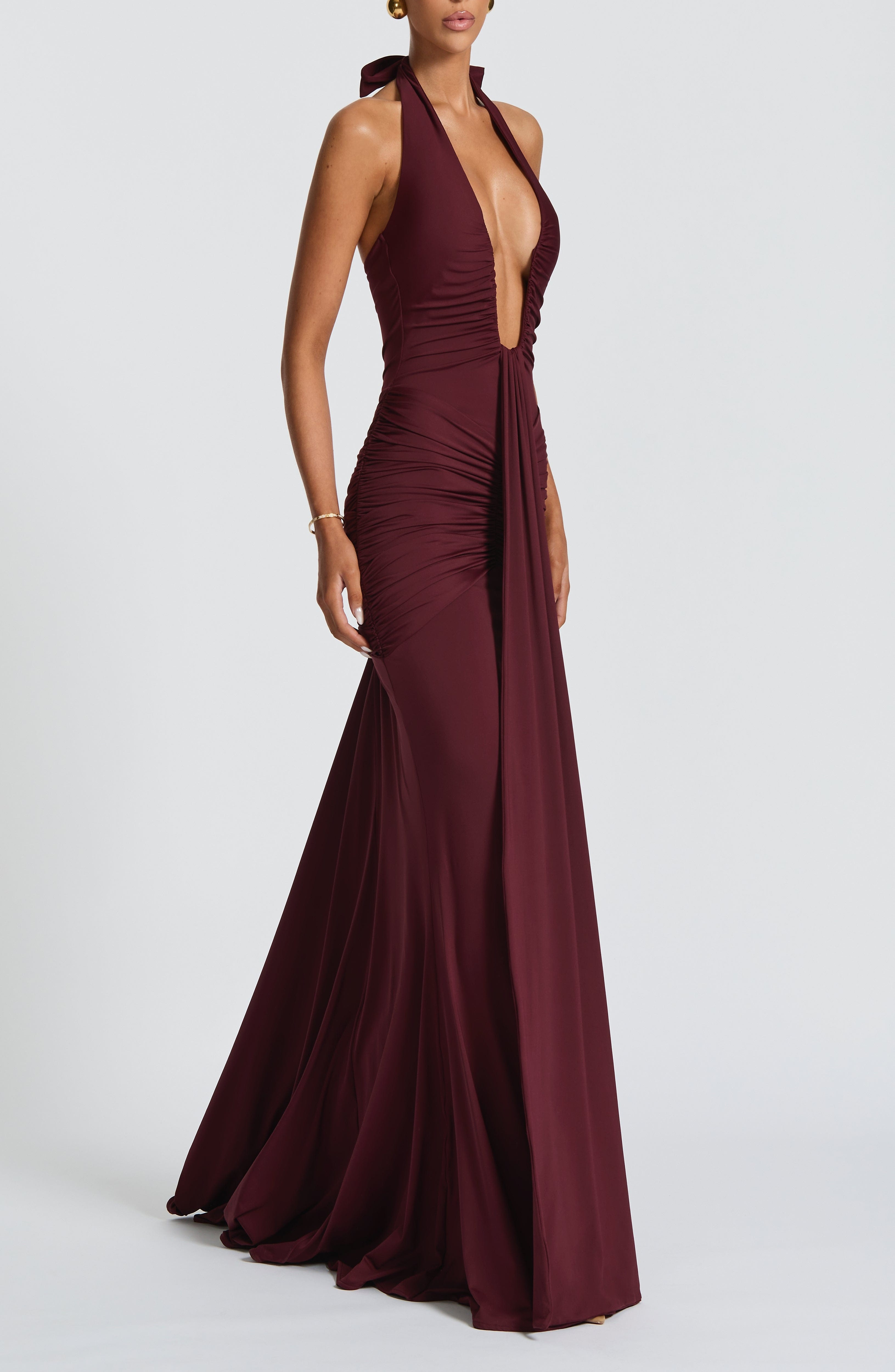 Cherry Lacquer Halterneck Ruched Jersey Maxi Dress with Train - Image 3