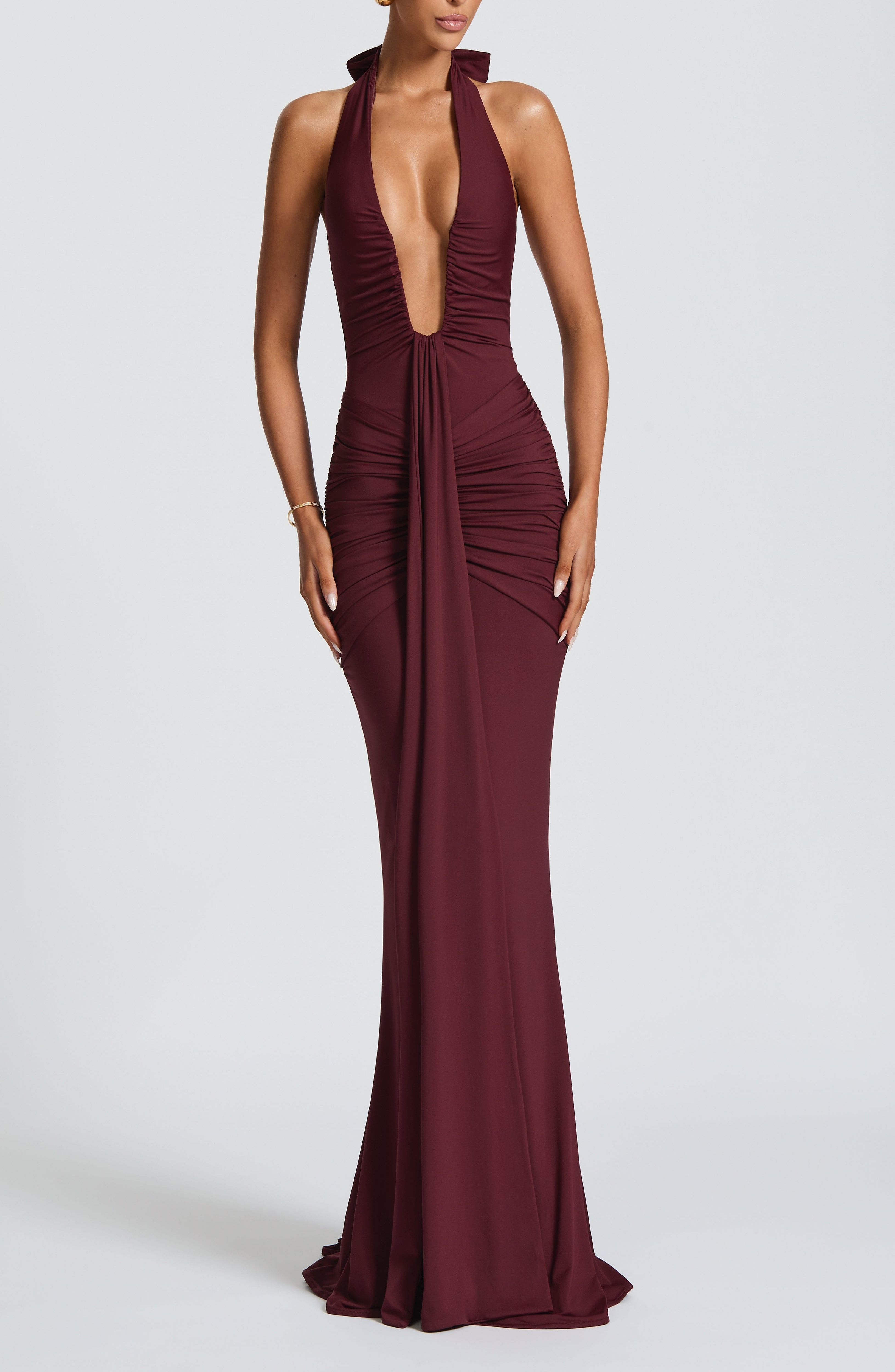 Cherry Lacquer Halterneck Ruched Jersey Maxi Dress with Train - Image 2