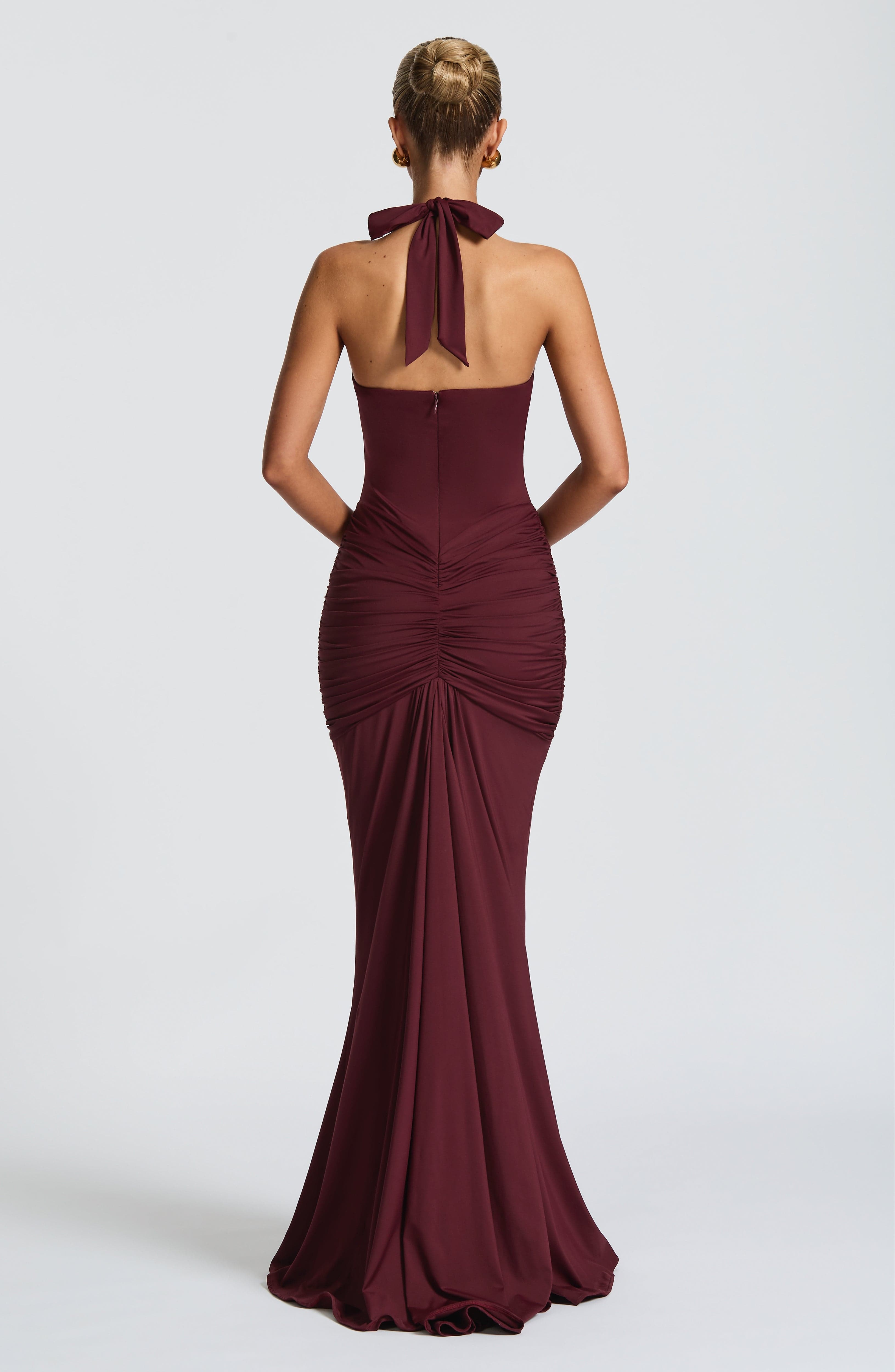 Cherry Lacquer Halterneck Ruched Jersey Maxi Dress with Train - Image 4