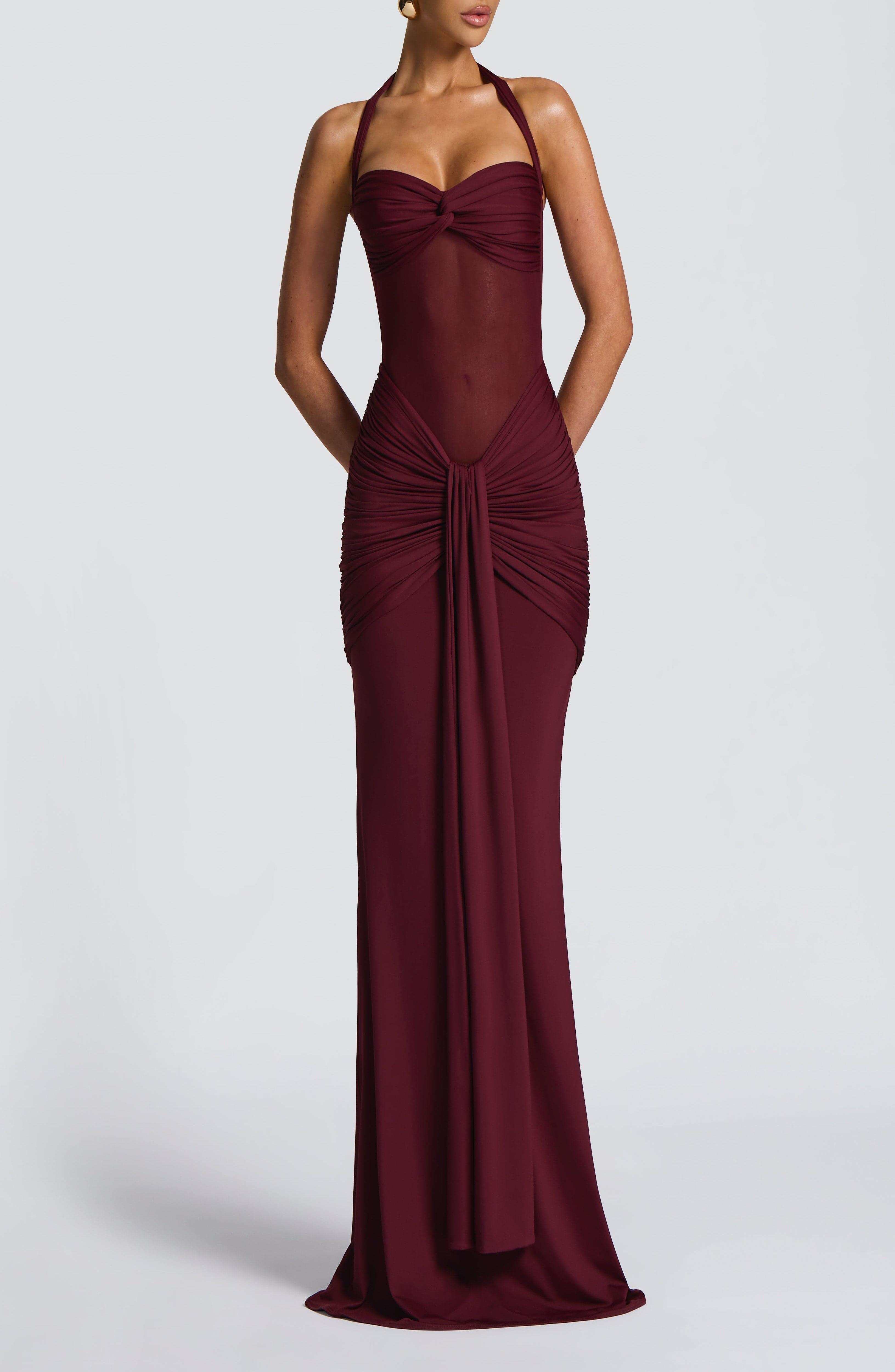Cherry Lacquer Maxi Dress: Slinky Jersey Halter Fit & Flare