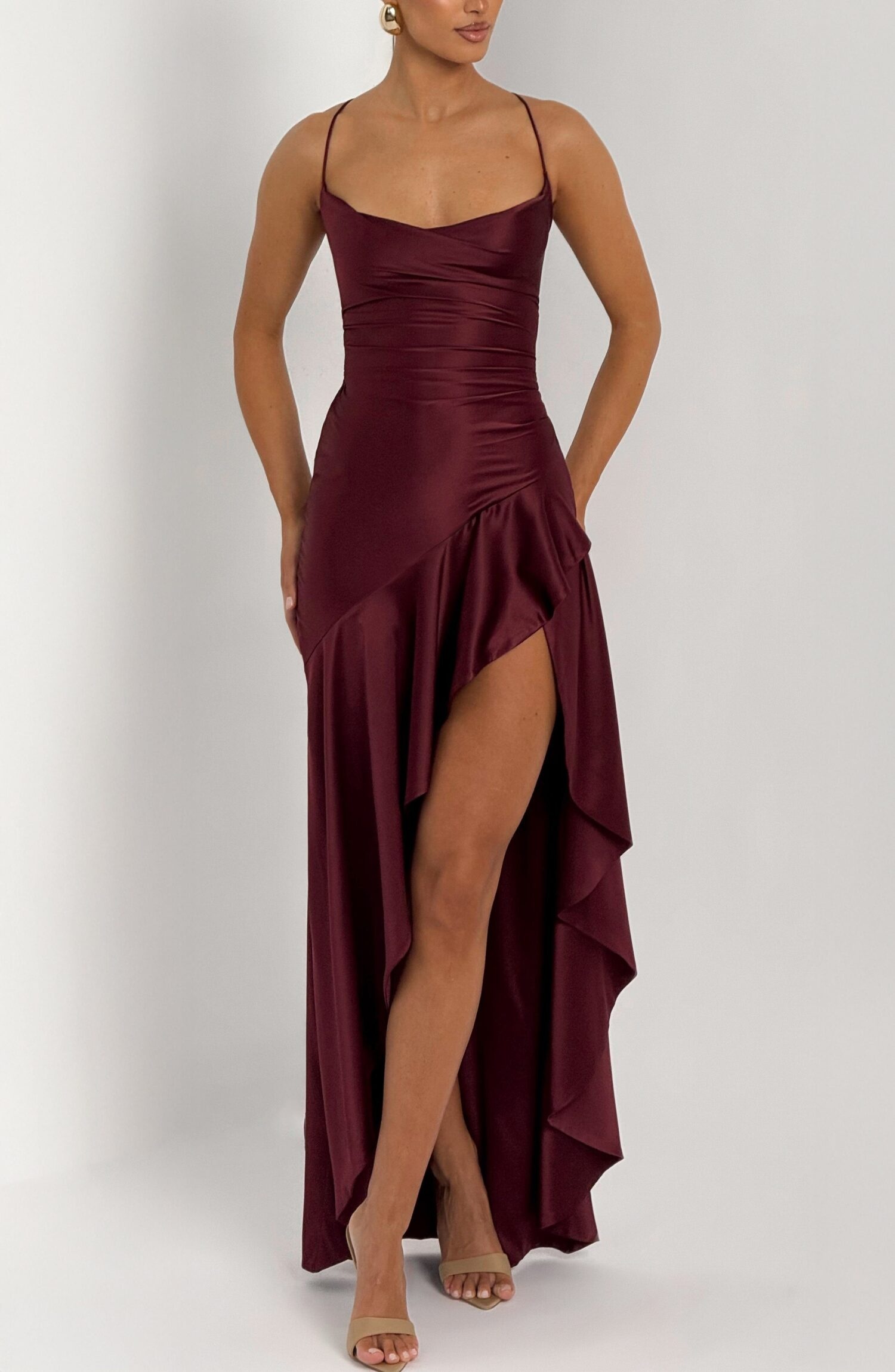 Cherry Lacquer Maxi Dress: Stretch Satin, Open Back, Cowl Neck - Image 5