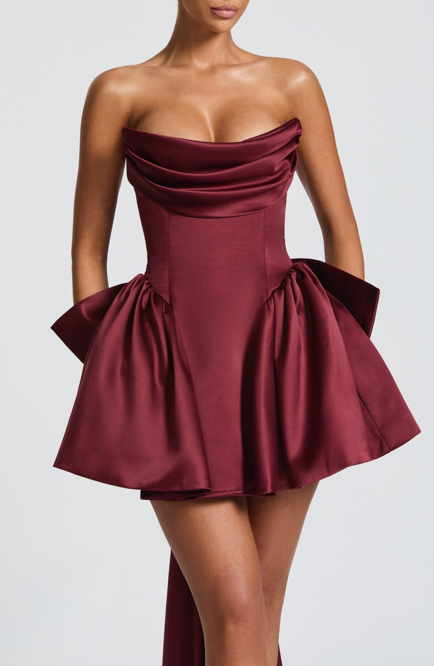 Cherry Lacquer Mini Dress - Strapless Cowl Neck, Lace-Up Back - Image 10