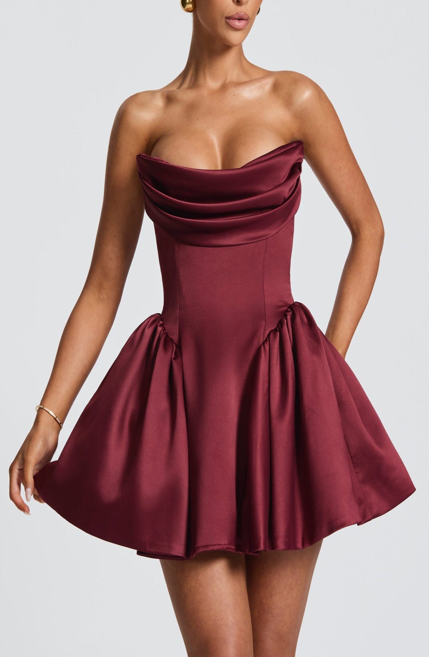 Cherry Lacquer Mini Dress - Strapless Cowl Neck, Lace-Up Back - Image 11
