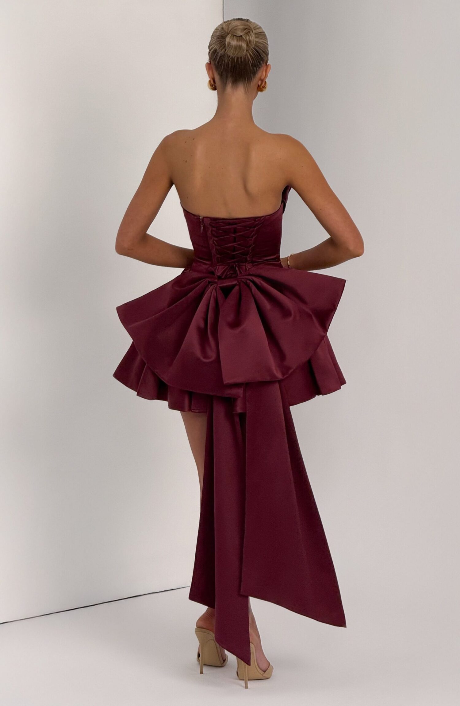 Cherry Lacquer Mini Dress - Strapless Cowl Neck, Lace-Up Back - Image 12