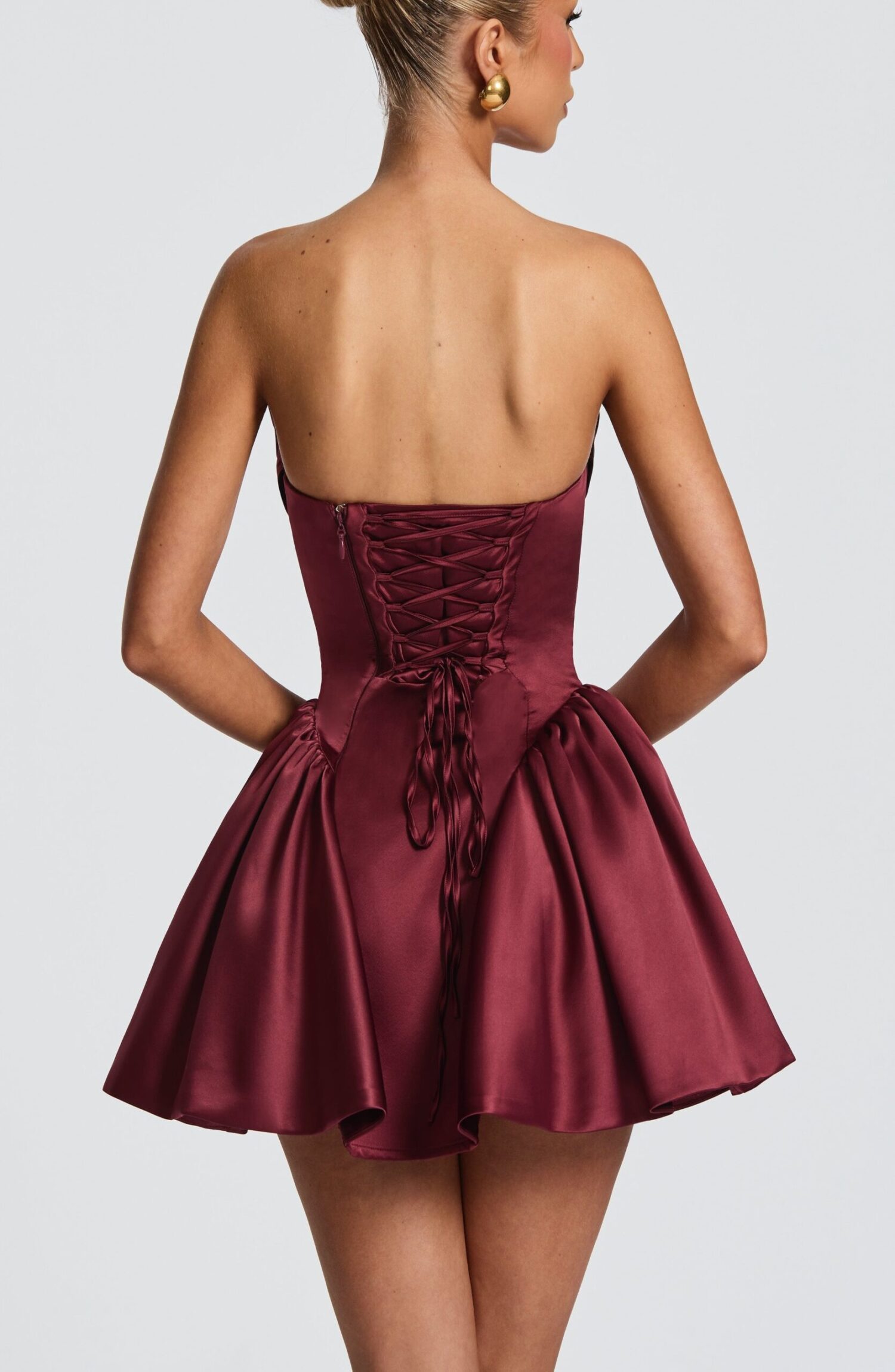 Cherry Lacquer Mini Dress - Strapless Cowl Neck, Lace-Up Back - Image 8