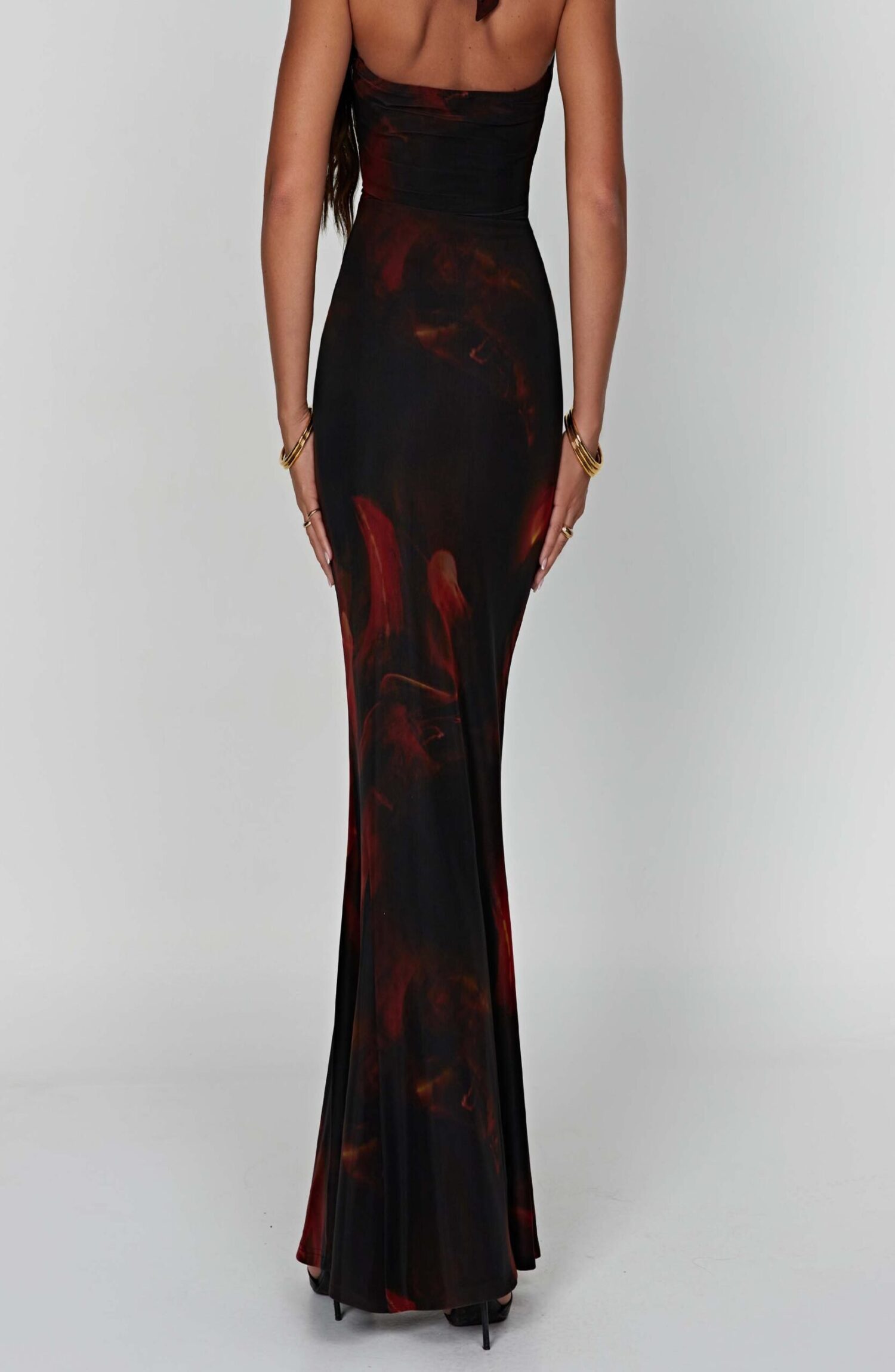 Chrishelle Fire Print Maxi Dress - Halter Neck, Plunge, Mesh - Image 2