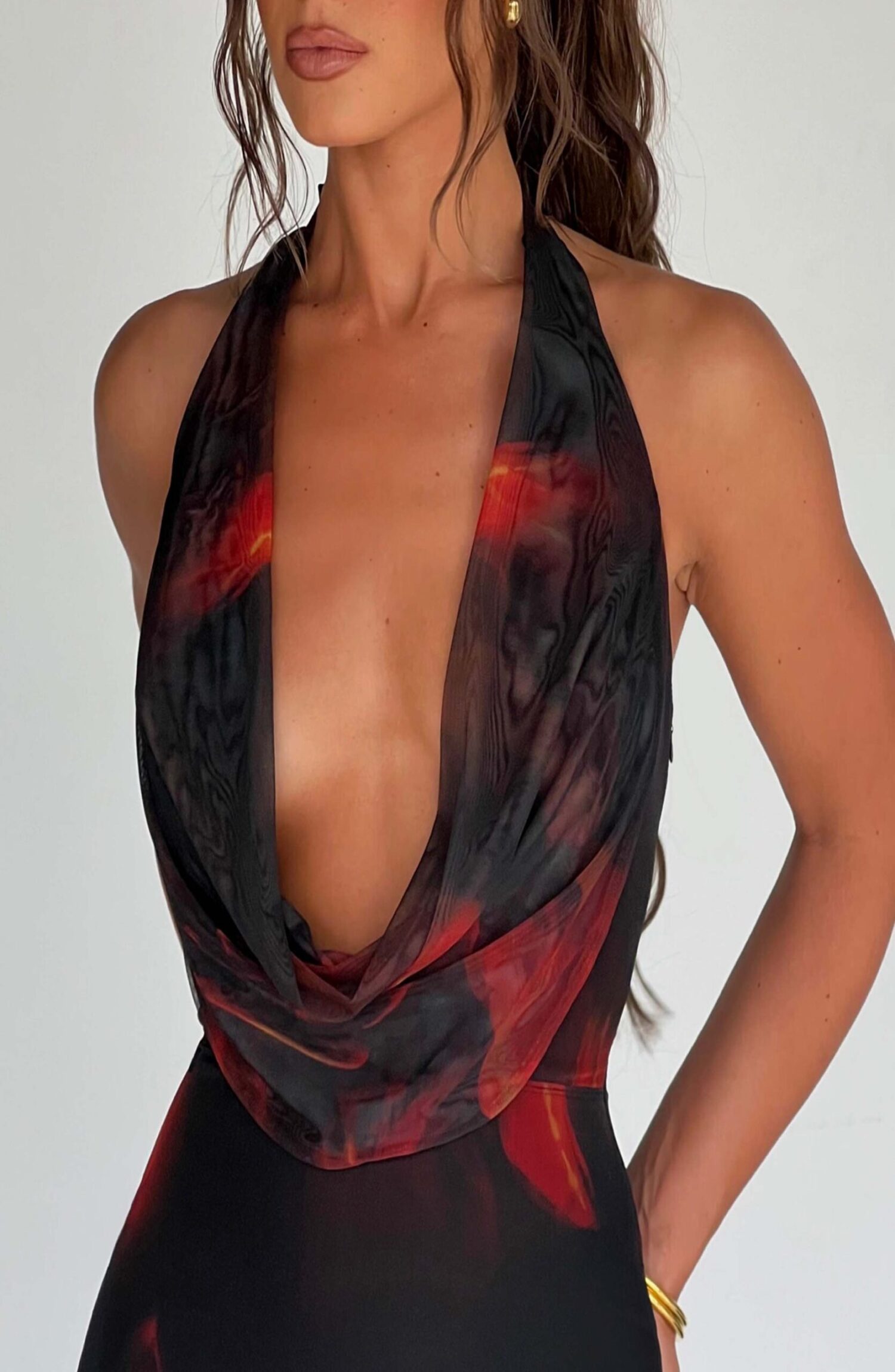 Chrishelle Fire Print Maxi Dress - Halter Neck, Plunge, Mesh - Image 10