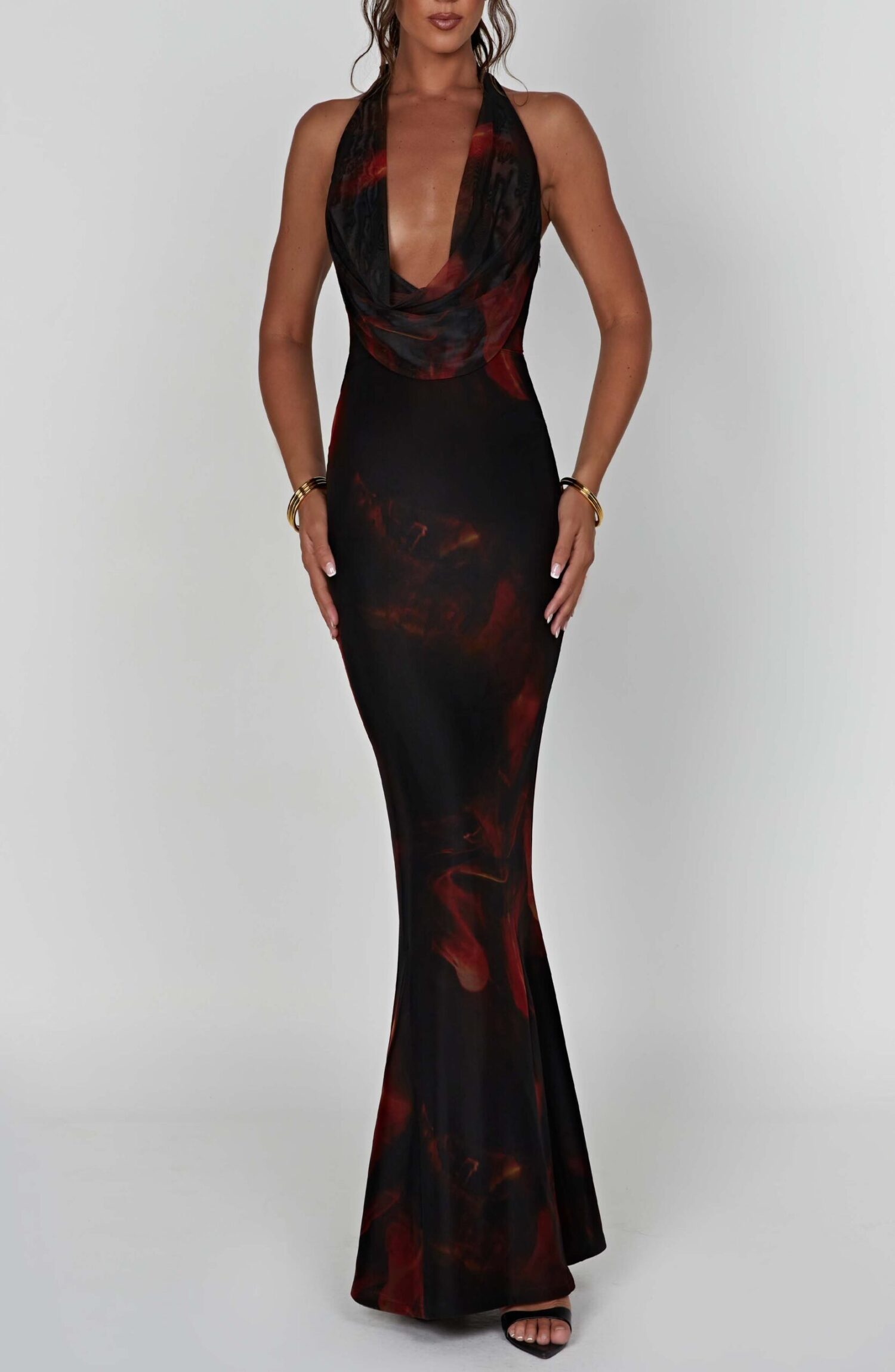 Chrishelle Fire Print Maxi Dress - Halter Neck, Plunge, Mesh - Image 7