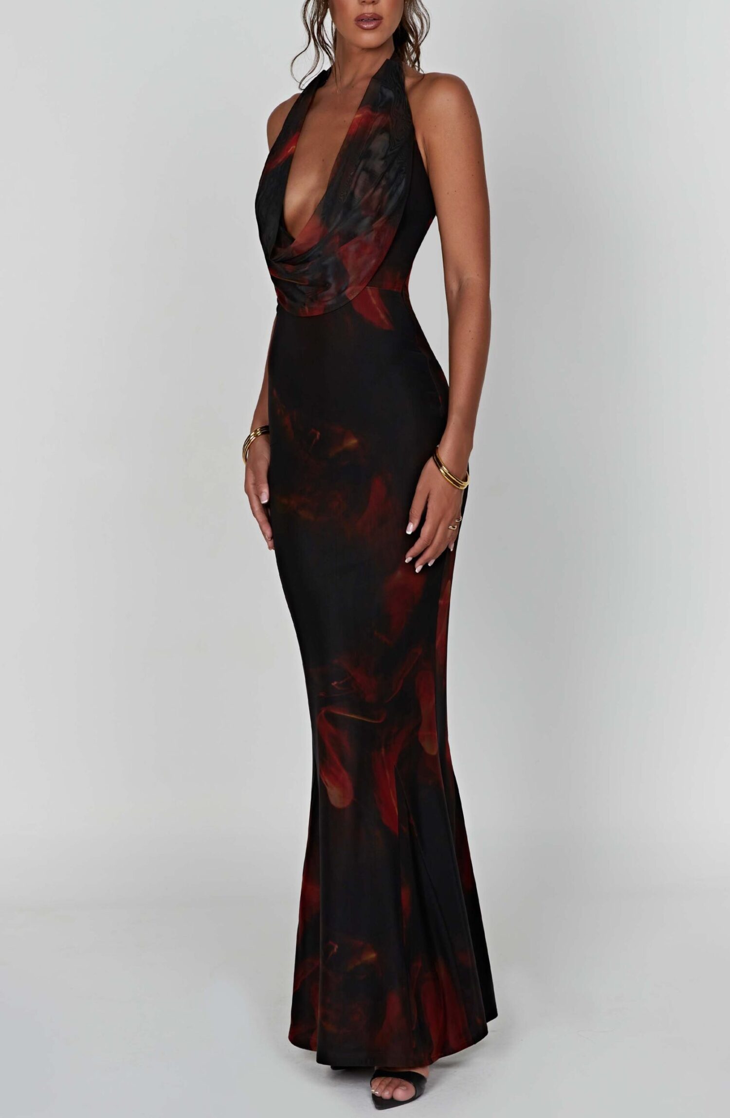 Chrishelle Fire Print Maxi Dress - Halter Neck, Plunge, Mesh - Image 3