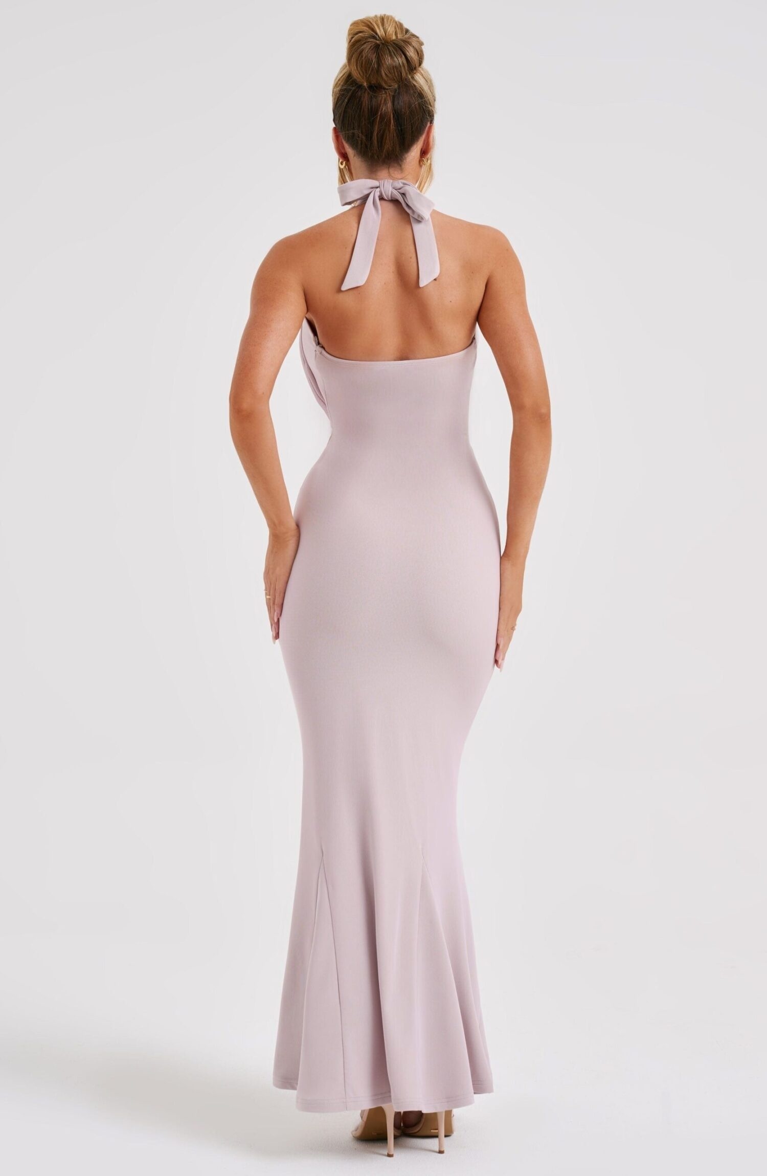 Chrishelle Maxi Dress Bone Plunge Halter Neck Double Layer Mesh - Image 3