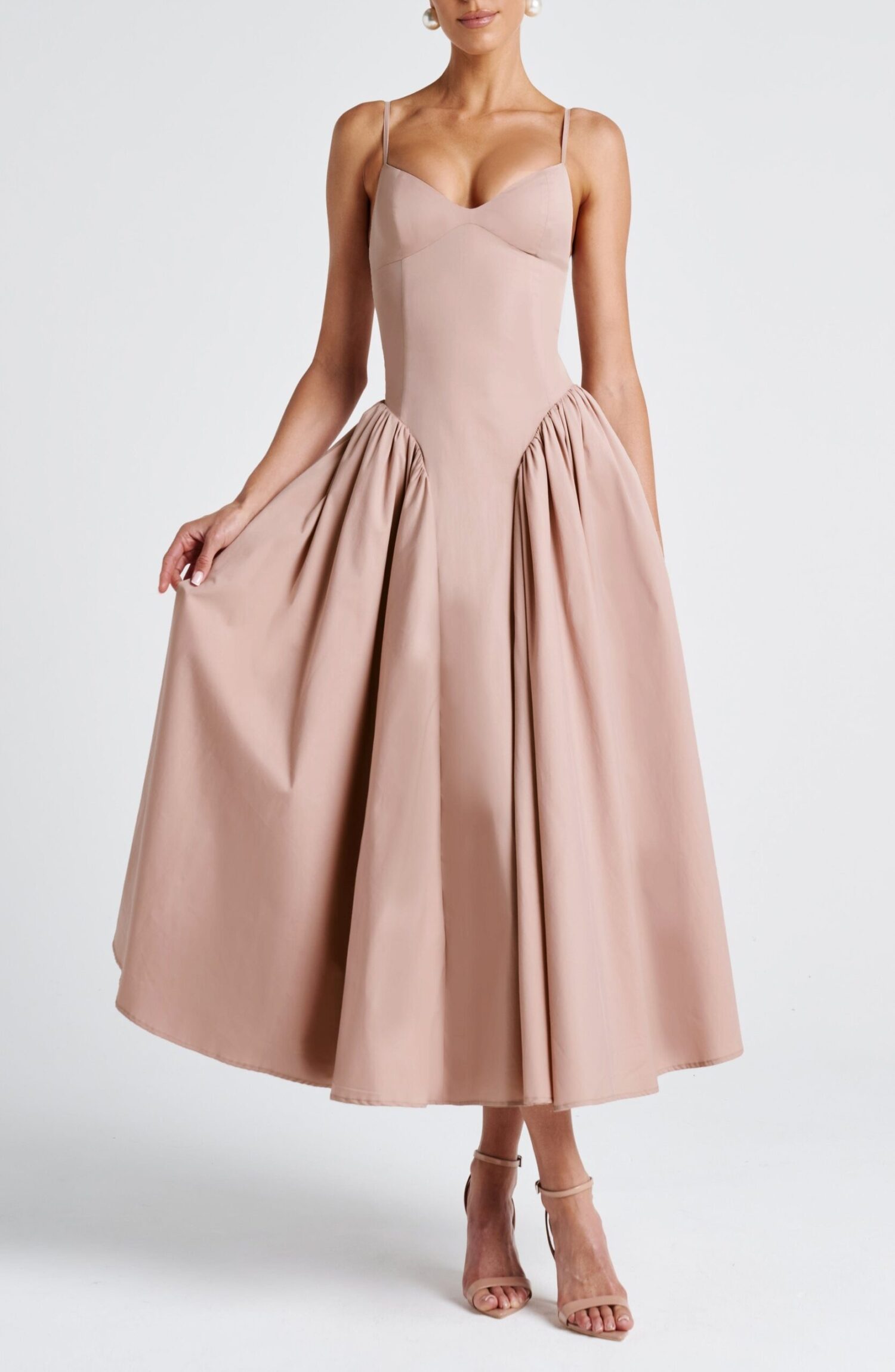 Clay Sweetheart Neckline Midi Dress with Lace-Up Back & Voluminous Skirt - Image 7