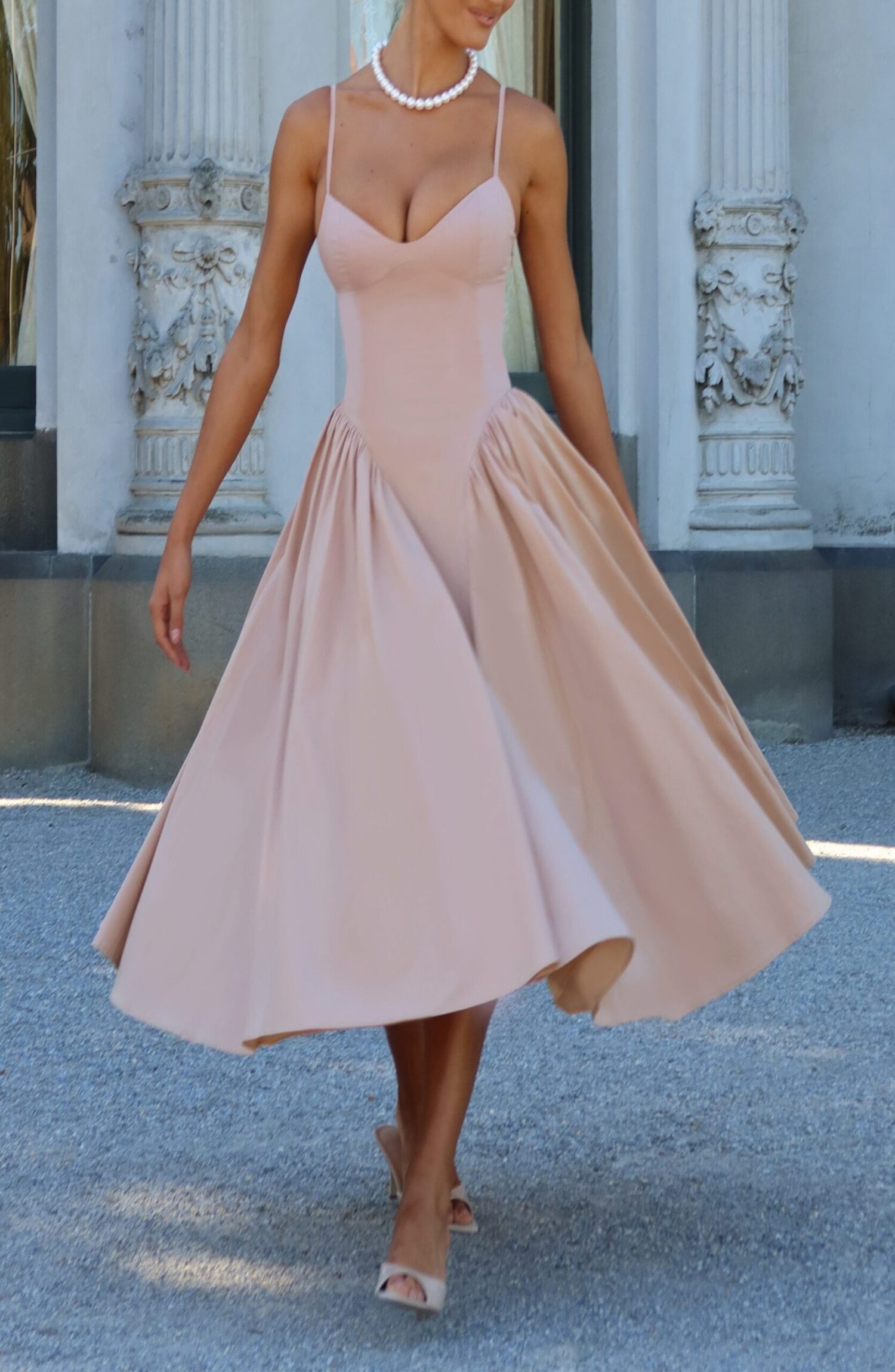 Clay Sweetheart Neckline Midi Dress with Lace-Up Back & Voluminous Skirt - Image 9