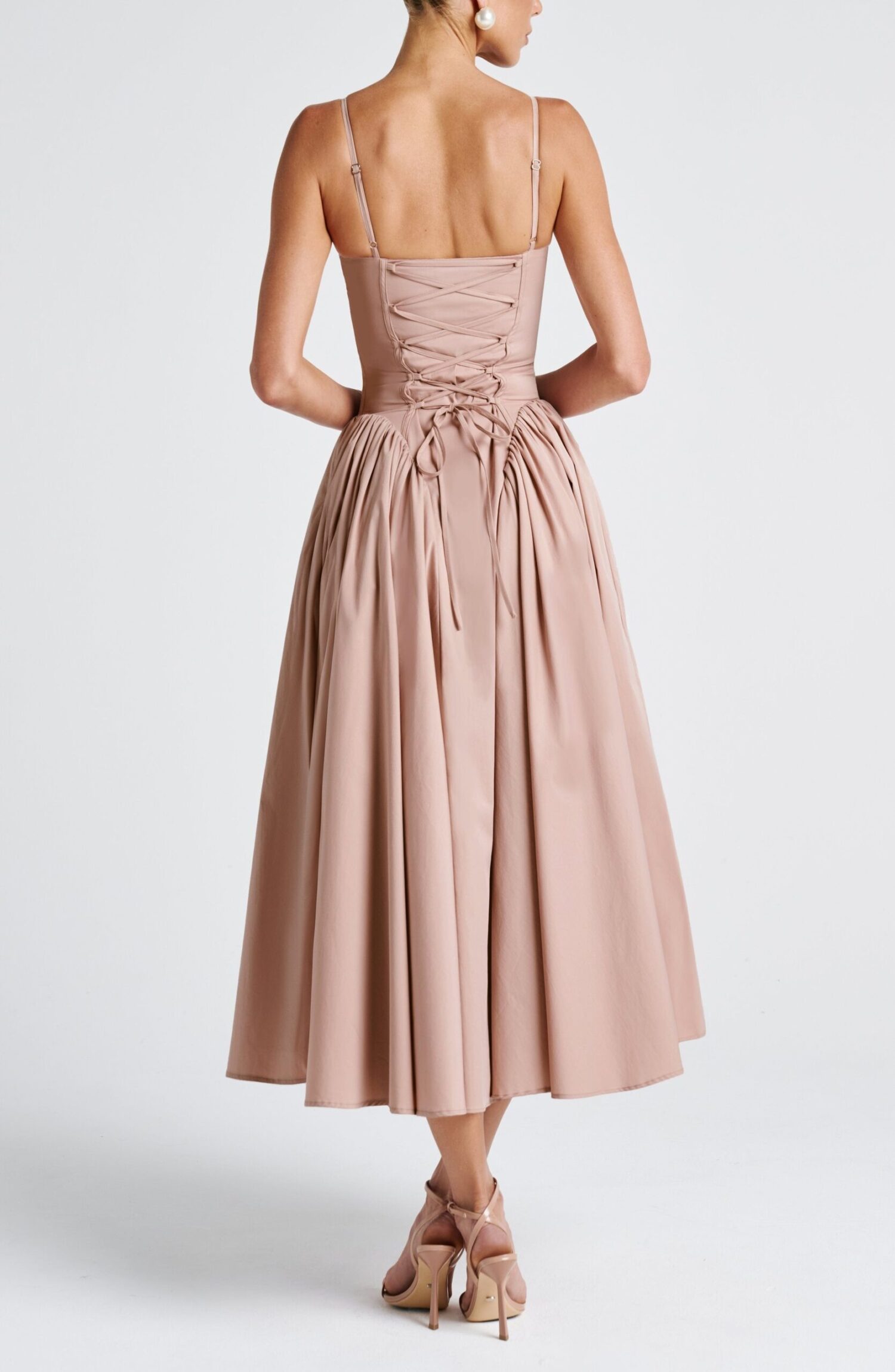 Clay Sweetheart Neckline Midi Dress with Lace-Up Back & Voluminous Skirt - Image 2