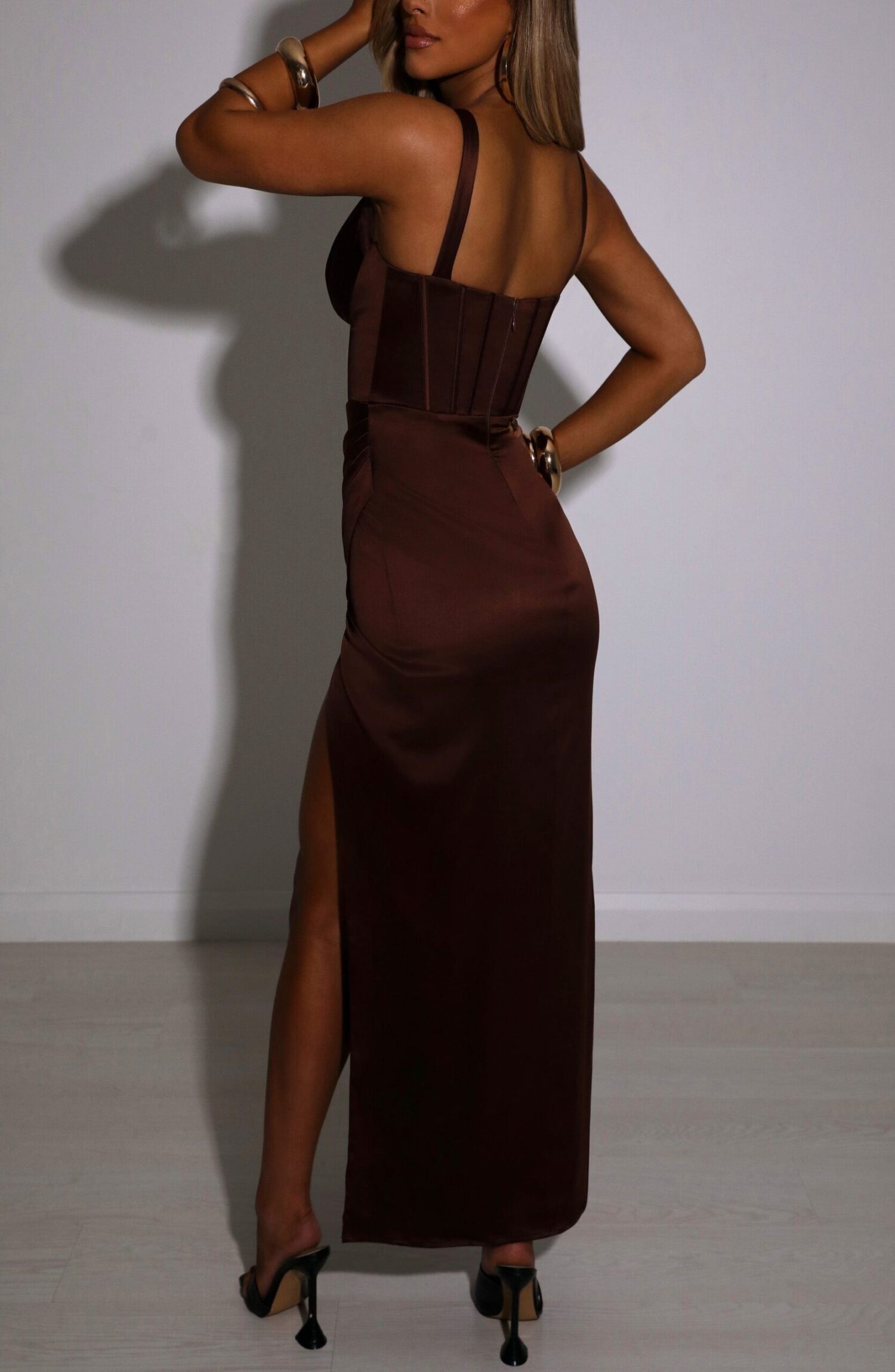 Cordelia Chocolate Maxi Dress - Stretchy Satin, Double-Layered, Bodycon - Image 5