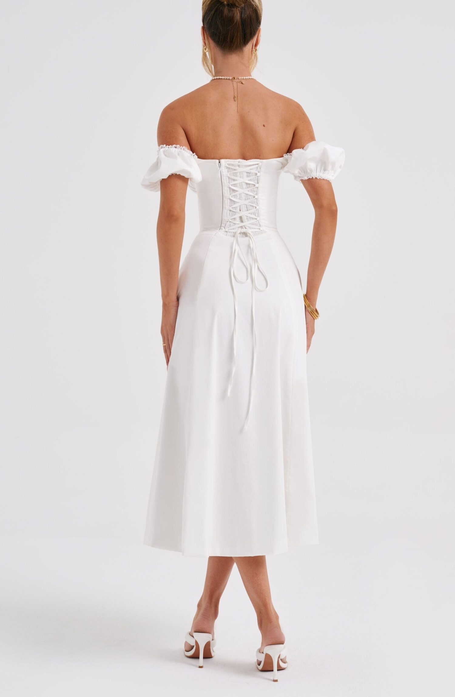Courtney Ivory Midi Dress - Puffed Sleeves, Thigh Split - Image 4
