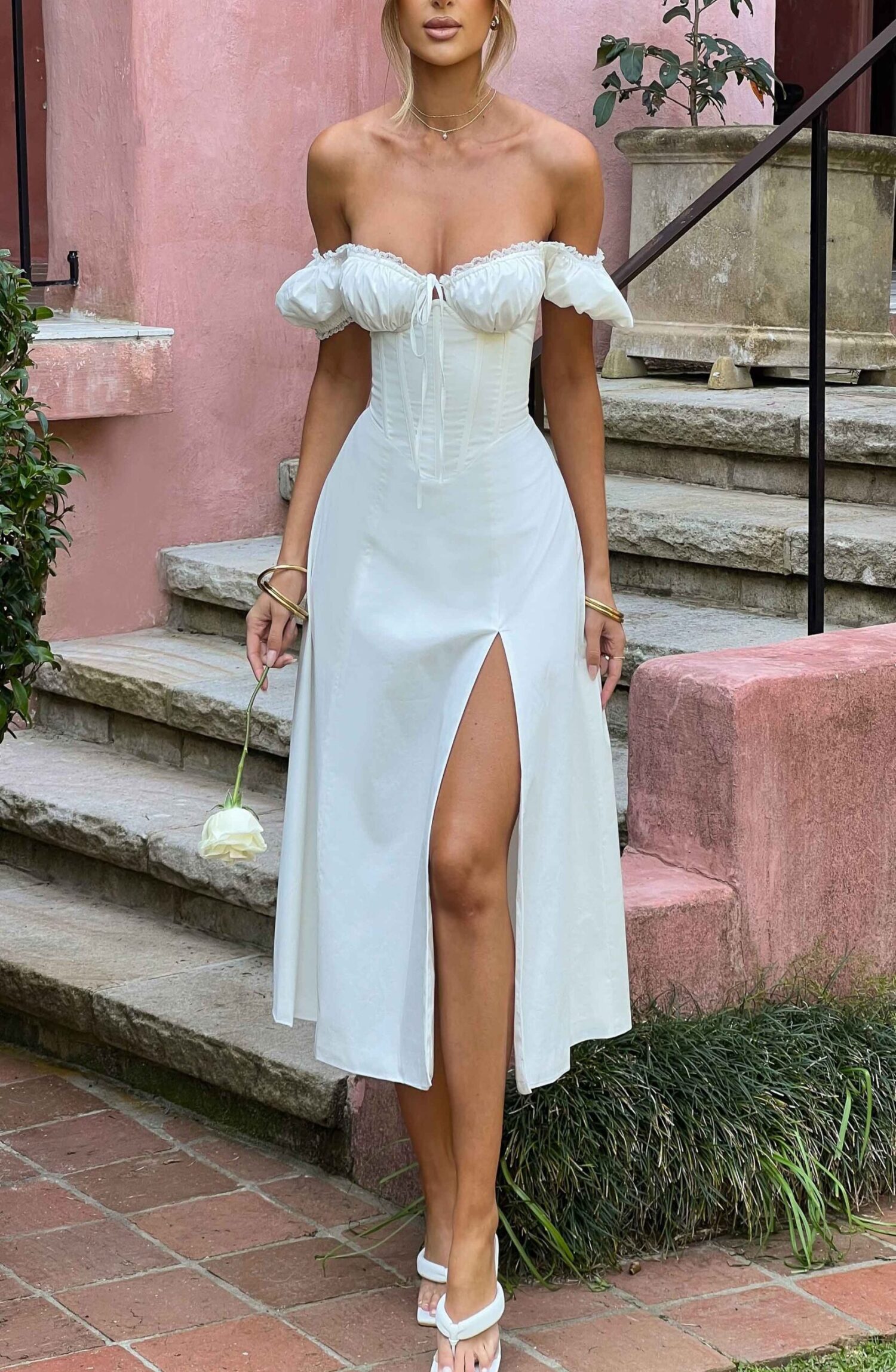Courtney Ivory Midi Dress - Puffed Sleeves, Thigh Split