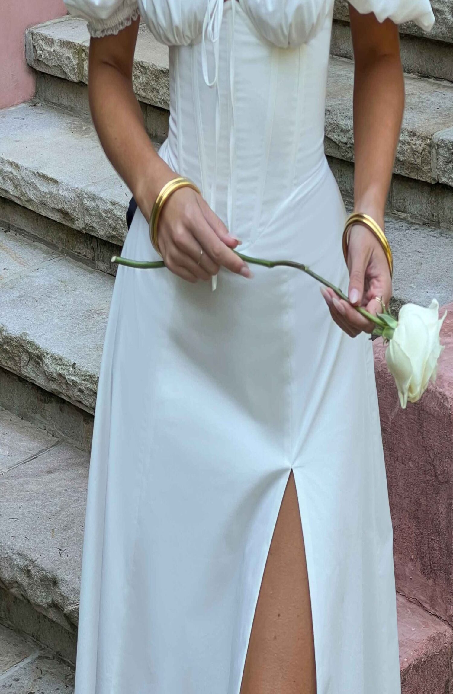 Courtney Ivory Midi Dress - Puffed Sleeves, Thigh Split - Image 2