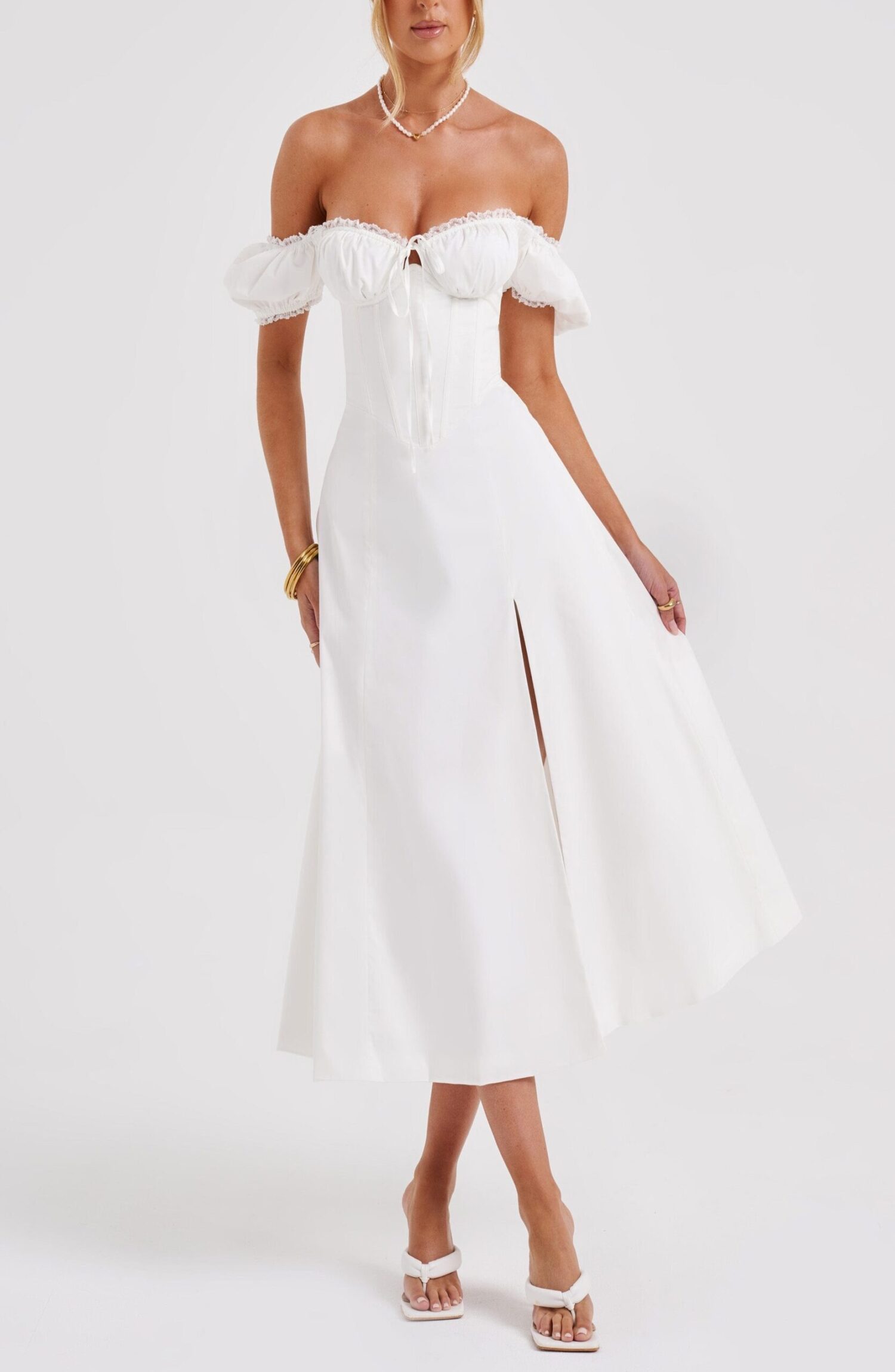 Courtney Ivory Midi Dress - Puffed Sleeves, Thigh Split - Image 8
