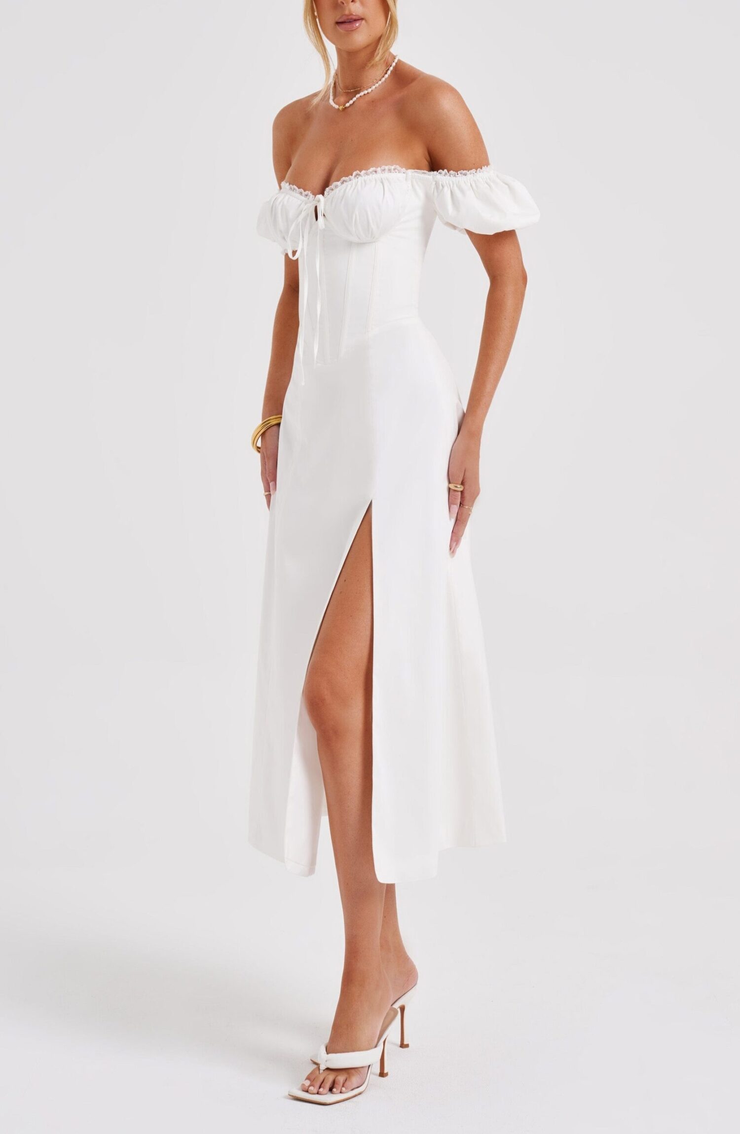 Courtney Ivory Midi Dress - Puffed Sleeves, Thigh Split - Image 5
