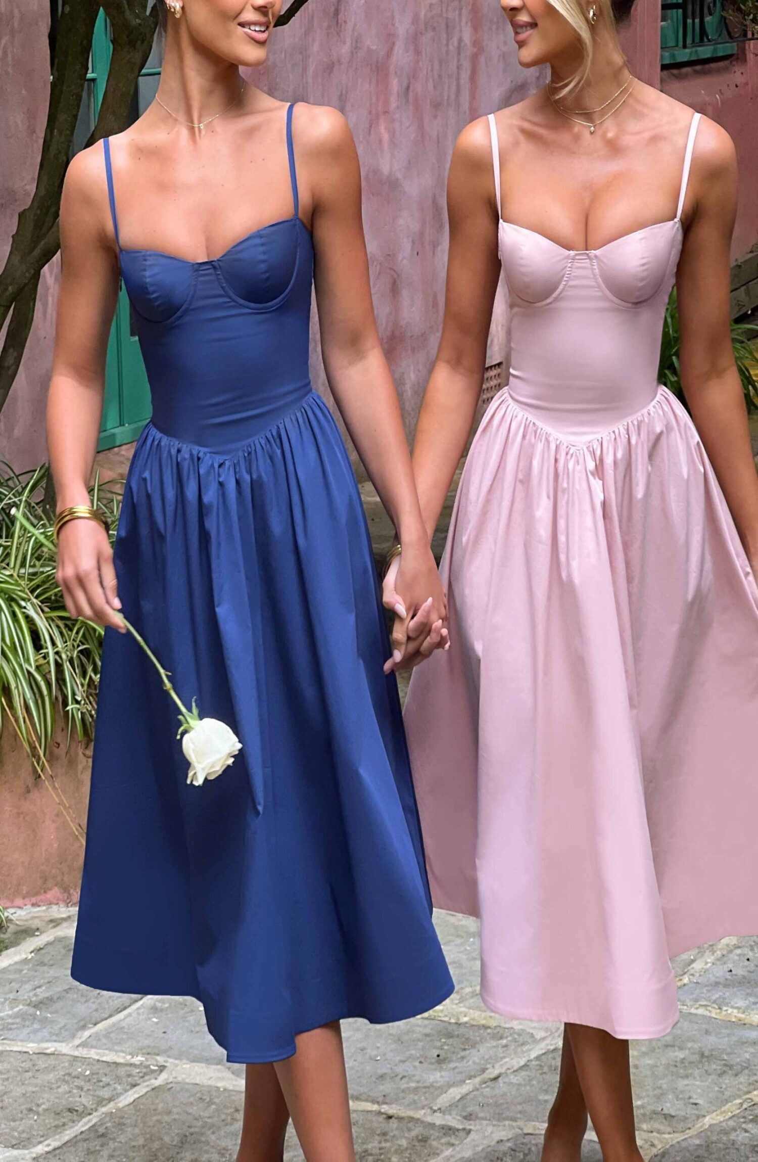 Daisey Midi Dress Navy - Corset Bodice, Lace-Up Back, Poplin - Image 5