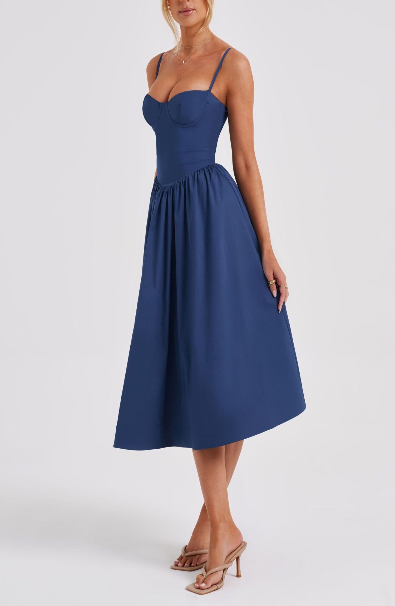 Daisey Midi Dress Navy - Corset Bodice, Lace-Up Back, Poplin - Image 3