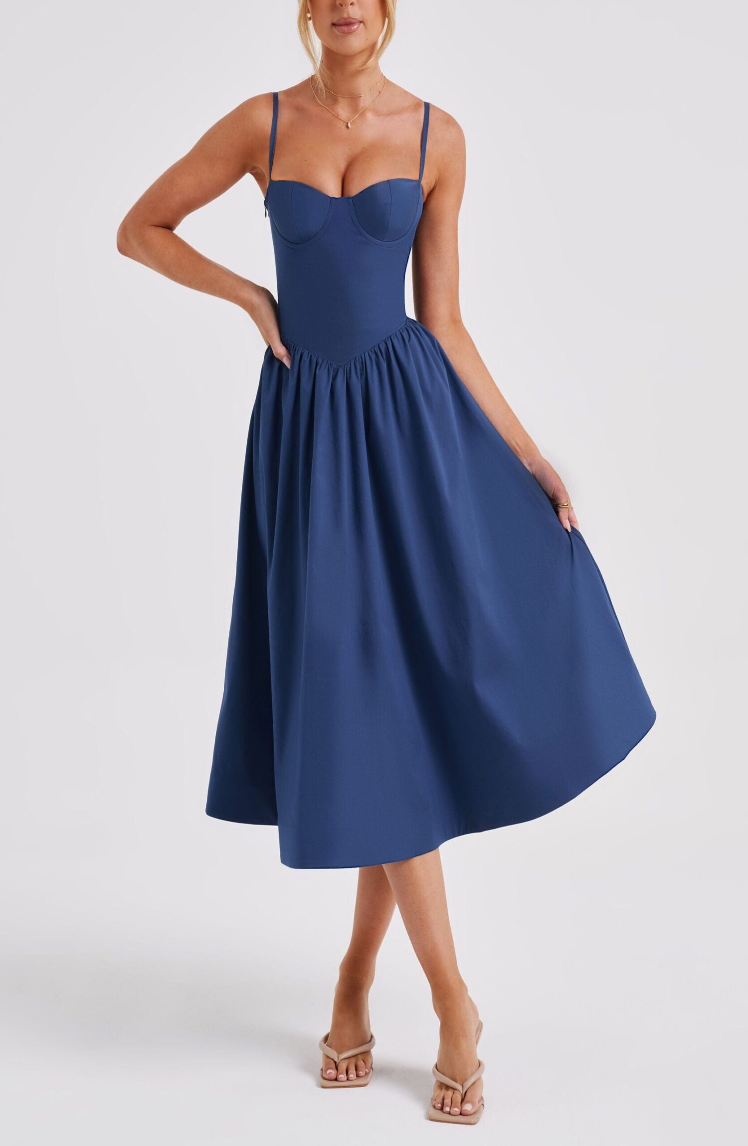 Daisey Midi Dress Navy - Corset Bodice, Lace-Up Back, Poplin - Image 2