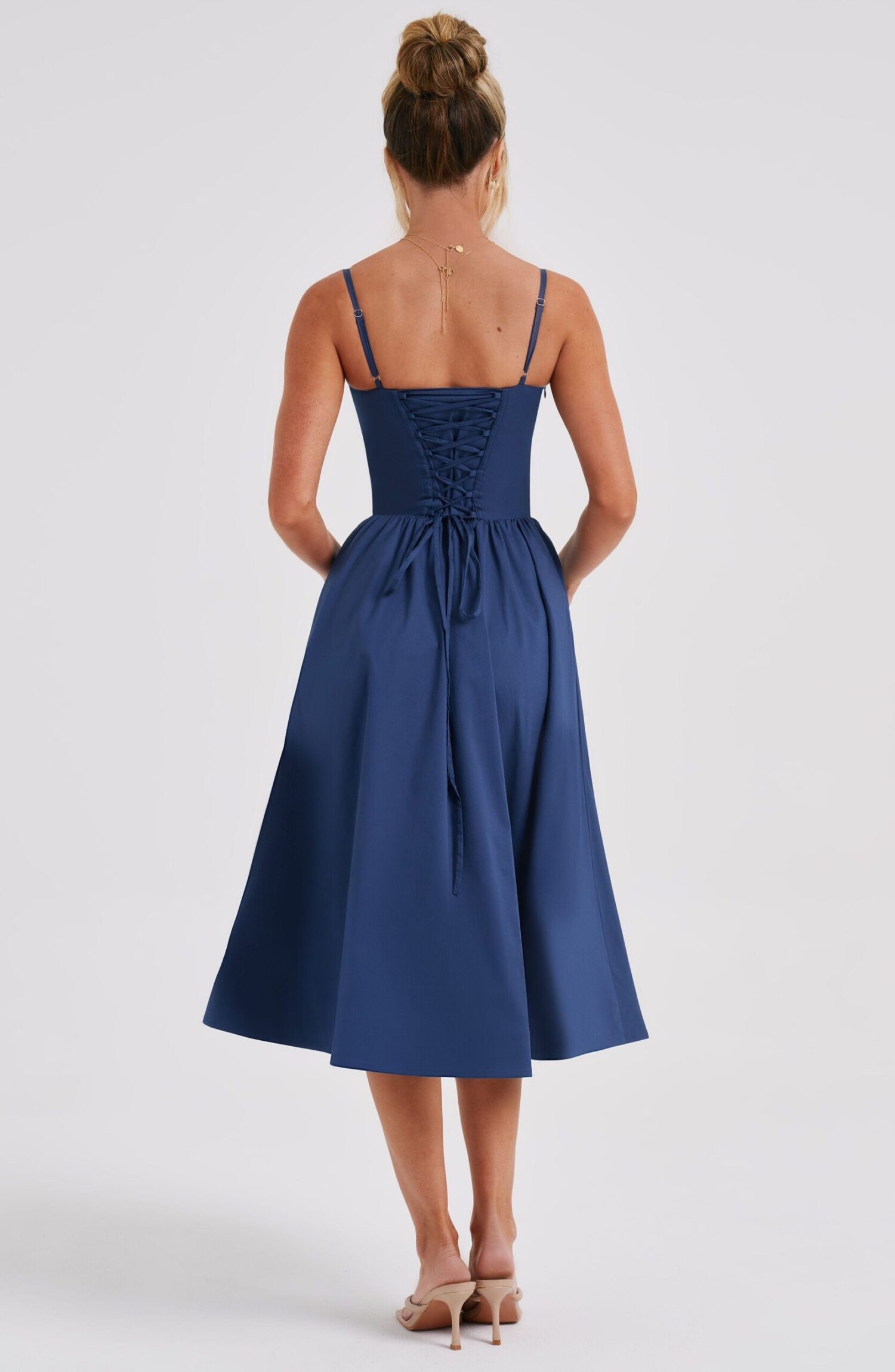 Daisey Midi Dress Navy - Corset Bodice, Lace-Up Back, Poplin - Image 4