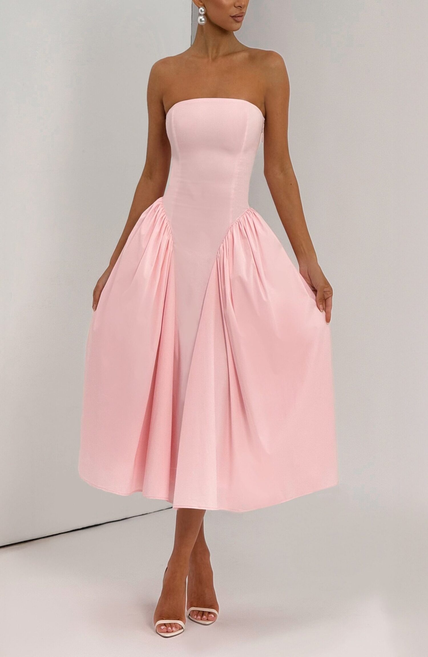 Darla Midi Dress Blush Strapless Corset Back Full Skirt Tulle Lined - Image 5